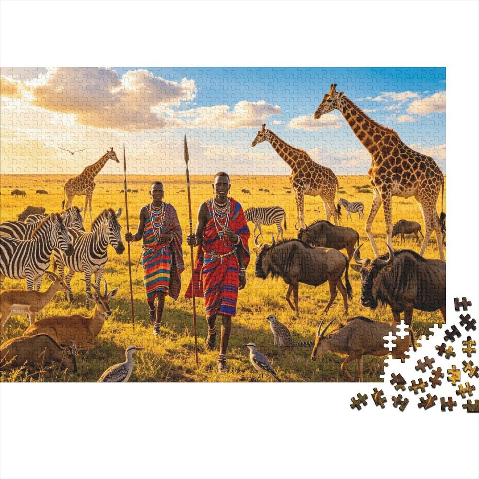 Kenya Tribe Jigsaw Puzzle 1000Pc Recycled Paper African Savanna Puzzles for Adults Fun And Challenging Family Game Holiday Blessings Gift for Men 52x38cm/1000pcs