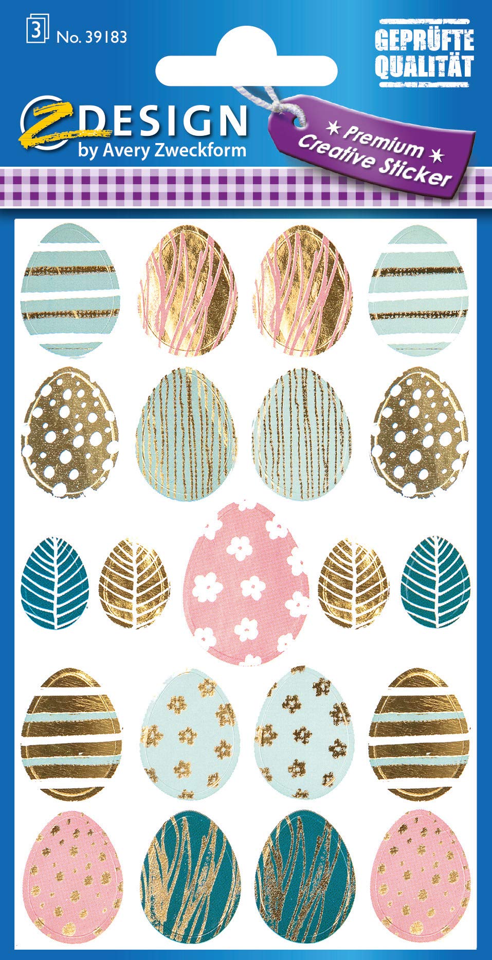Avery Zweckform Paassticker, 21 stuks, 39183 (zelfklevend, paaseieren, sieradenetiketten Pasen met gouden reliëf, decoratieve etiketten, decoratiesticker), pastelkleuren