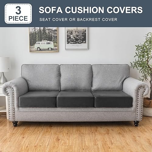 Miniatura 3 de Funda de cojín de terciopelo elástico para sofá, 3 piezas, funda elástica lavable para asiento o respaldo, fundas de asiento para sofá (gris)