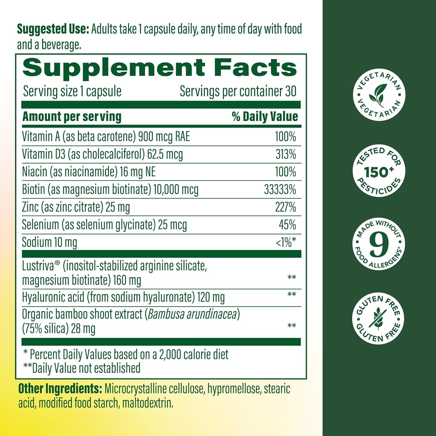 MegaFood Hair Growth – Clinically Studied Lustriva & Hyaluronic Acid - Biotin 10000mcg, Thicker & Fuller Existing Hair Growth Vitamins - 30 Vegetarian Capsules, 30 Servings