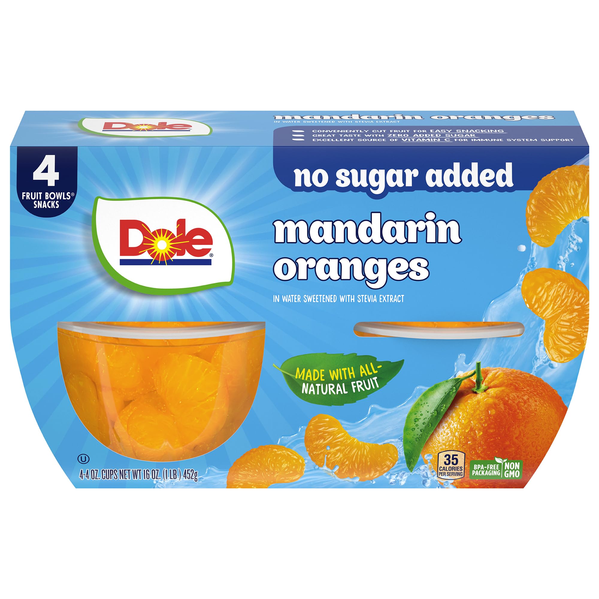 Dole Mandarin Oranges with No Sugar Added^^ - Dole Fruit Bowls Snacks - 4 oz Fruit Bowls - 4 Pack
