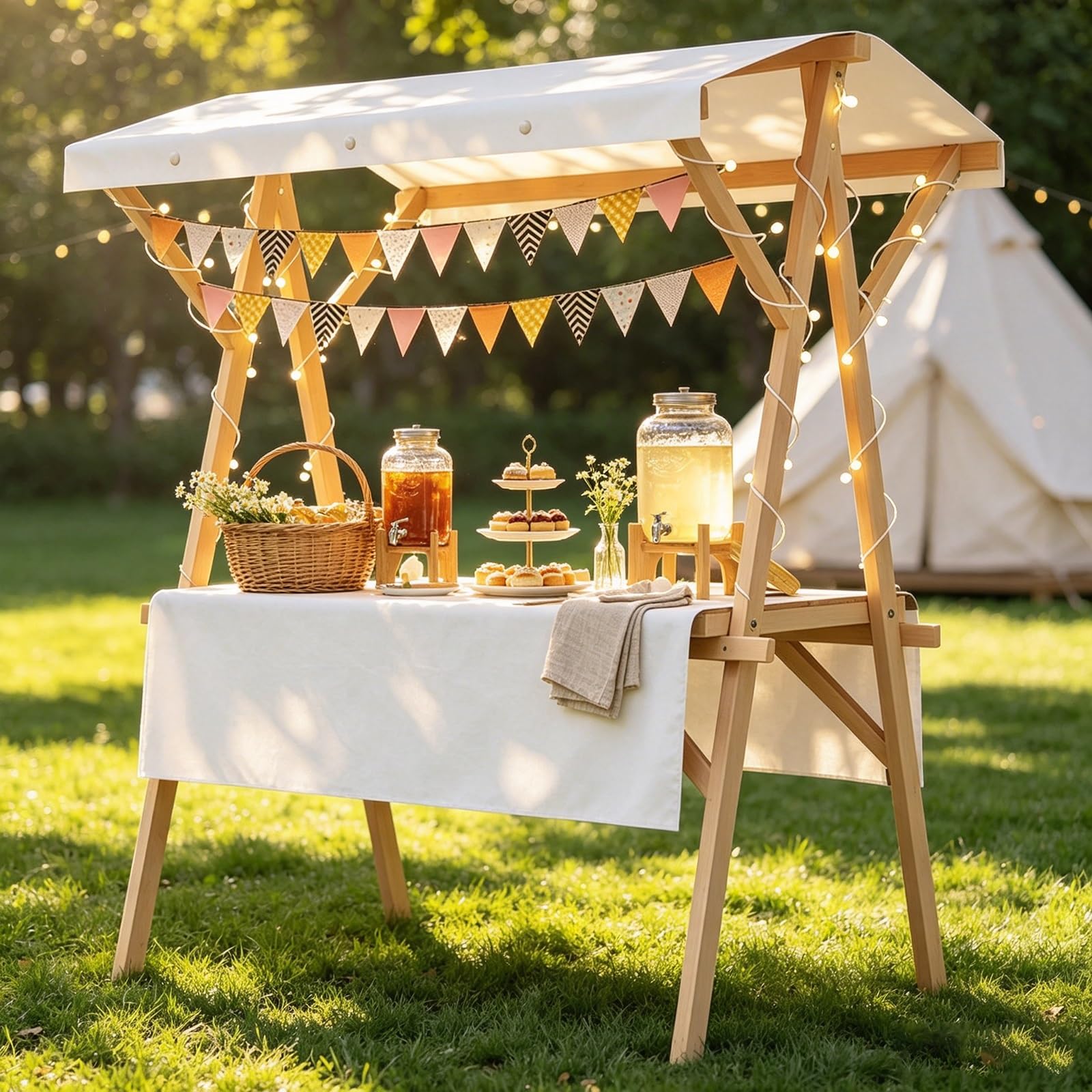 Carrello portatile pieghevole da esterno per il mercato degli agricoltori, ideale per la vendita di dessert e accessori, bianco 150 cm / 59in