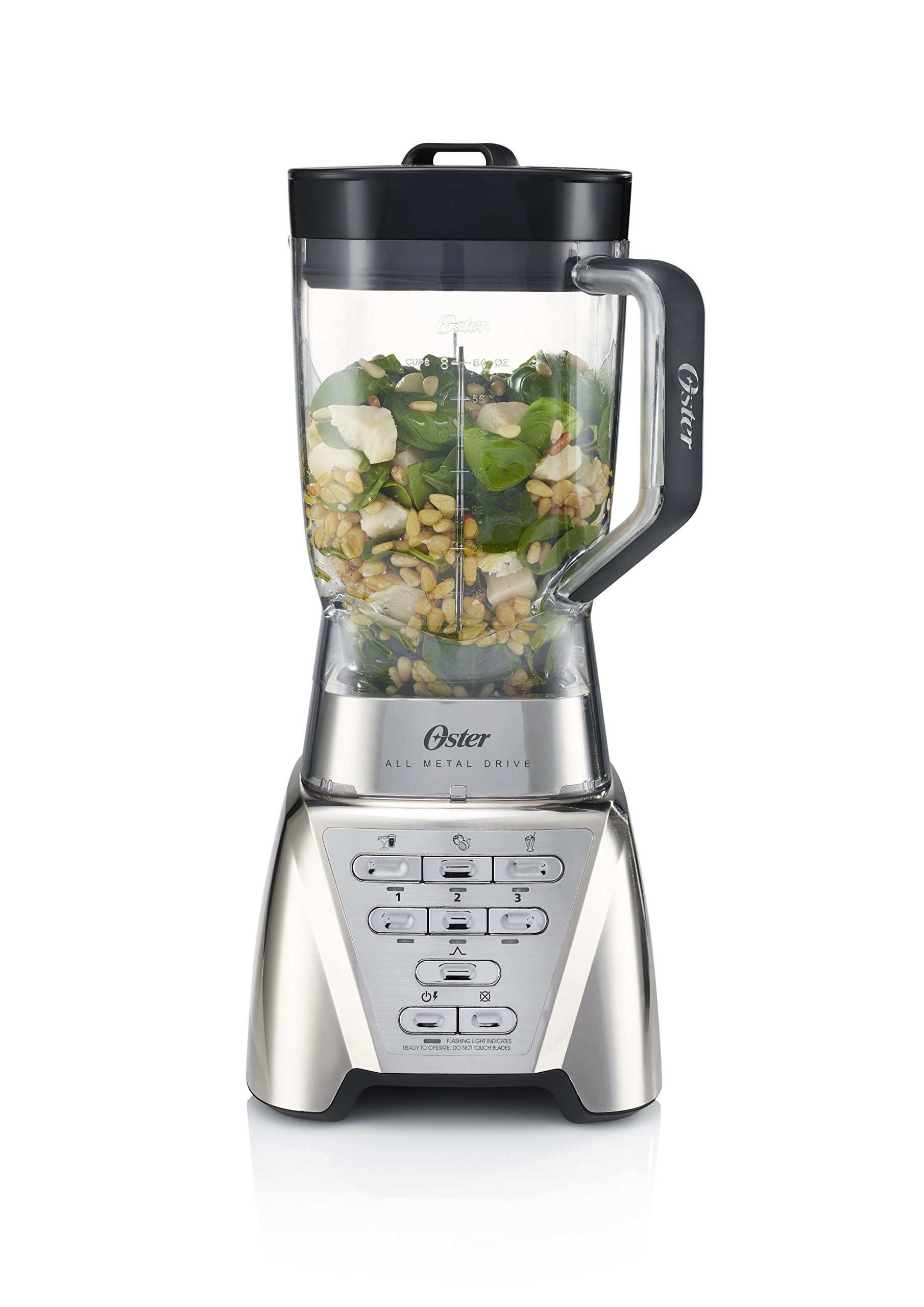 Oster Pro Frullatore 1100 W, Lama 6 Punte in Acciaio Inossidabile, Bicchiere da 1.9 L con Dosatore, BPA Free, Sistema All Metal Drive, Tecnologia Reversibile, Funzioni Pre-Programmate, Pulse, Grigio