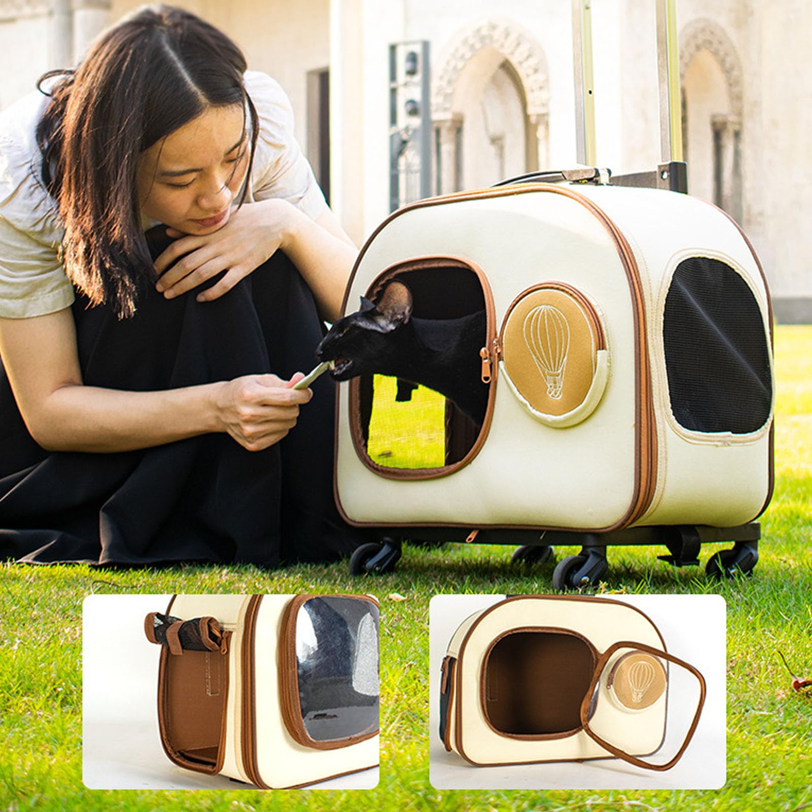 Transportín para Mascotas con Ruedas, Transportín para Perros con Asa Telescópica y Correa Desmontable para Al Aire Libre, Bolsa de Viaje para Gatos y Perros de Menos de 12,5 KG