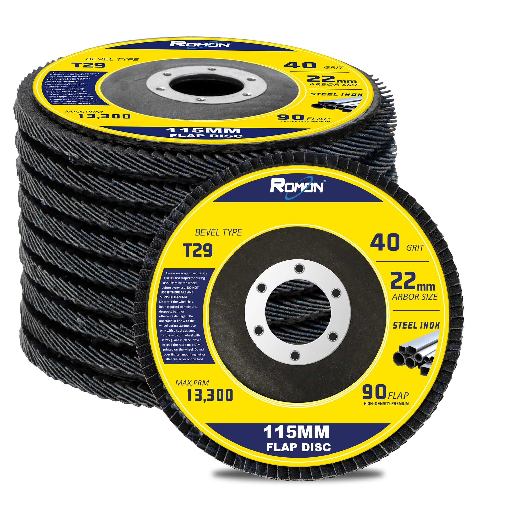 ROMON Flap Discs 40 Grit, 10 Pack 4 1/2 x 7/8-Inch Flap Sanding Disc, Type 29 Zirconia Grinding Wheel Aluminum, Oxide Abrasives for Stainless Steel, Sheet Metal (High Density Version, 115MM)