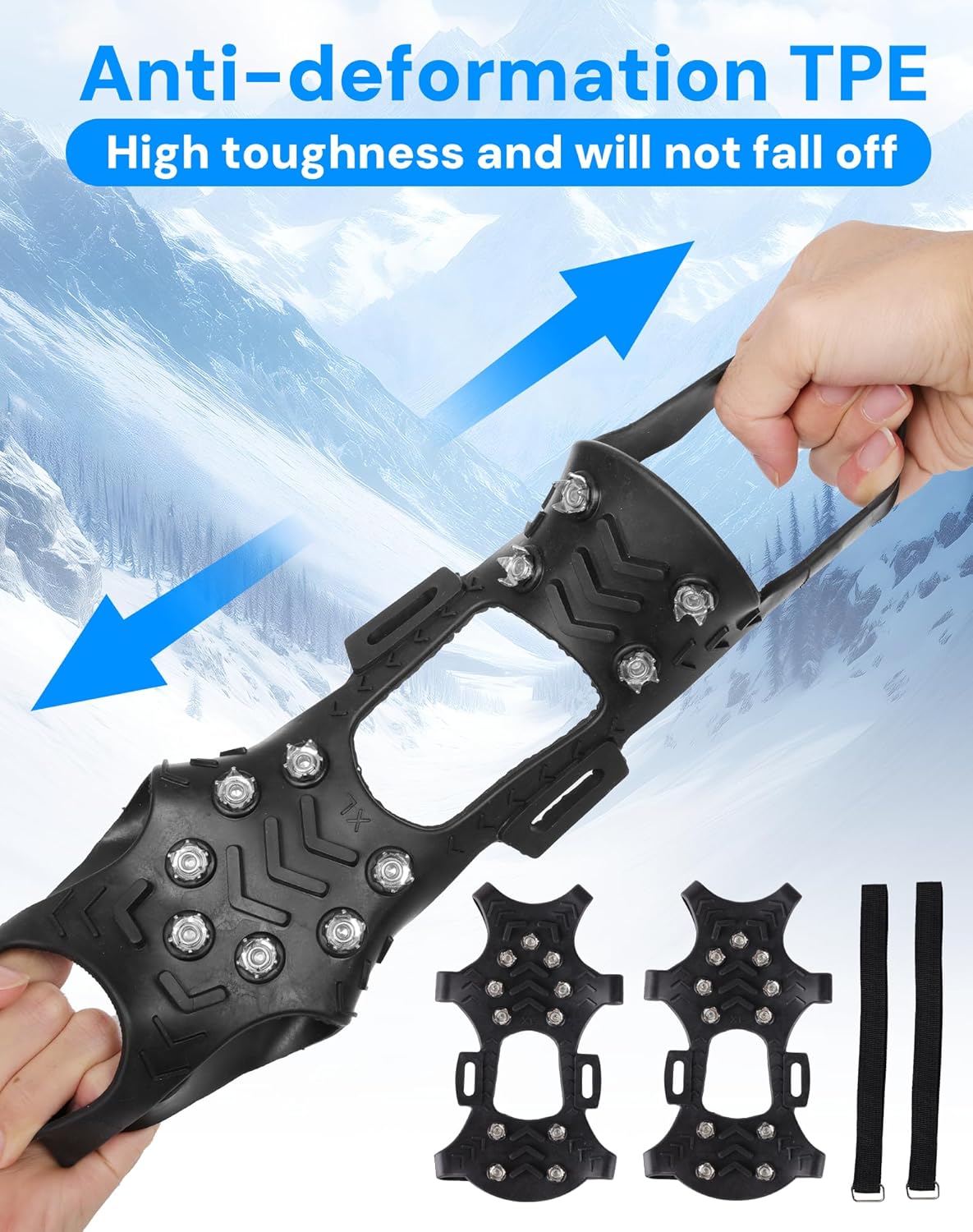 Crampons Ice Cleats for Shoes and Boots, Silicone Stainless Steel Grippers with 10 Stainless Steel Spikes Traction Cleats for Ice and Snow for Winter Walking, Hiking, Climbing, and Fishing