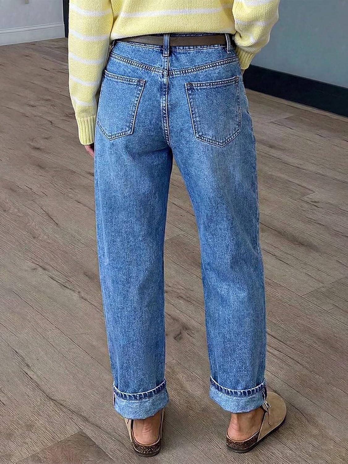 Flamingals Straight Leg Jeans for Women High Rise Washed Seam Decor High Stretch Casual Denim Pants