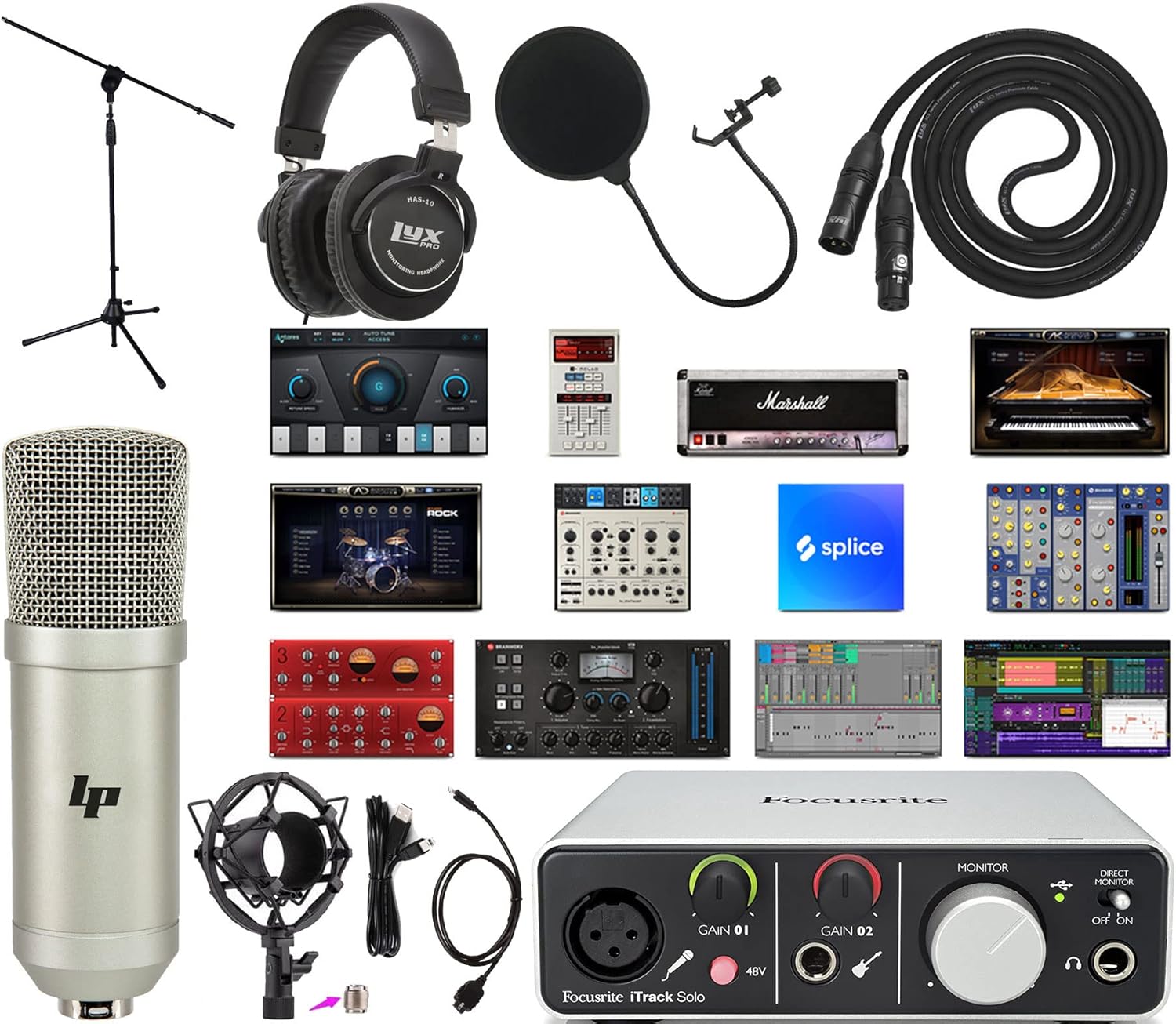 Focusrite iTrack Solo 2x2 Audio Recording Lightning Interface for USB/iPad and iOS Devices Studio Bundle with with Creative Music Production Software Kit : Musical Instruments