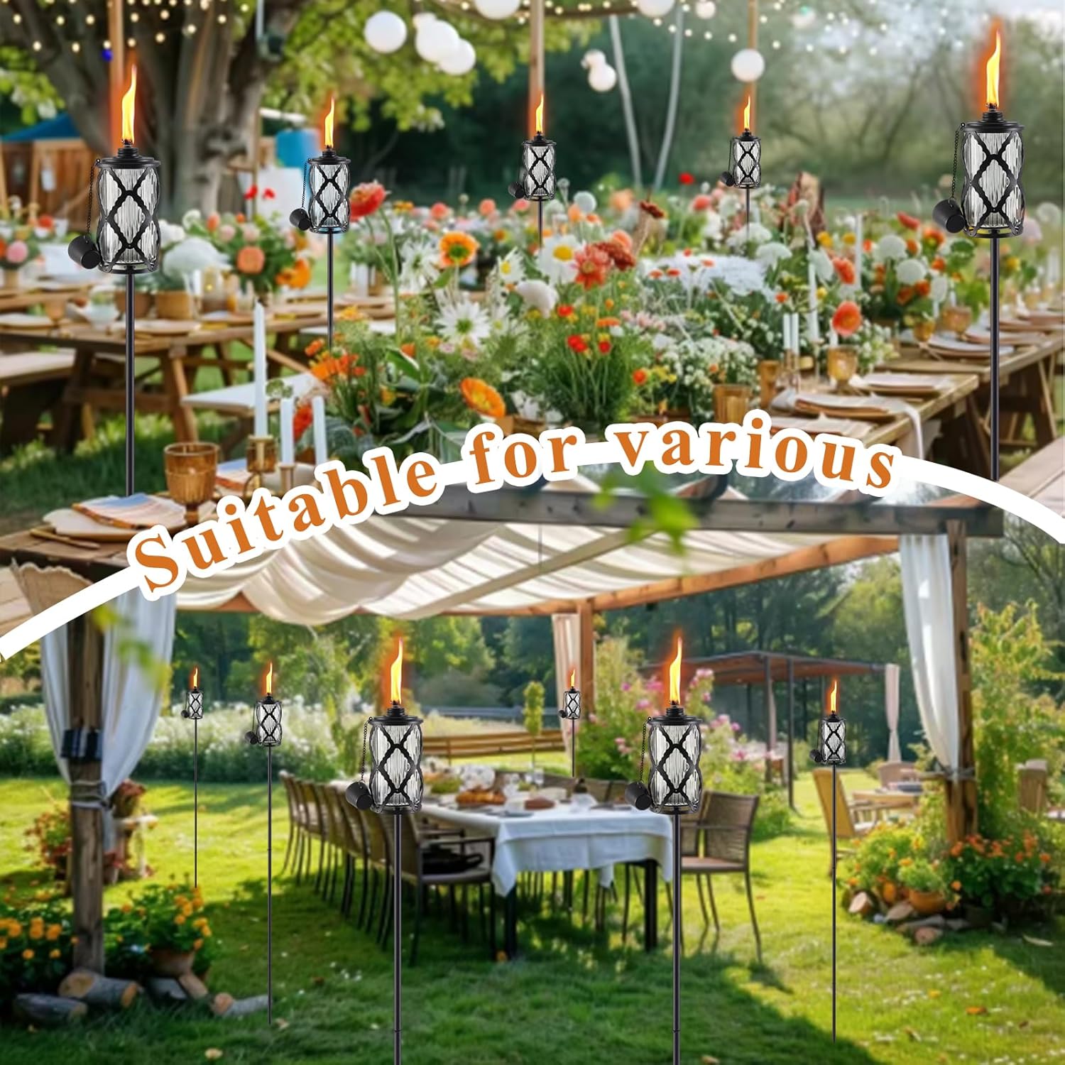 4 Pack Glass Citronella Torches, 16 oz Garden Torches for Outside, 55 inch Outdoor Clear Glass Citronella Torches with 3-Prong Grounded Stake for Garden, Patio, Party, Landscape Decor