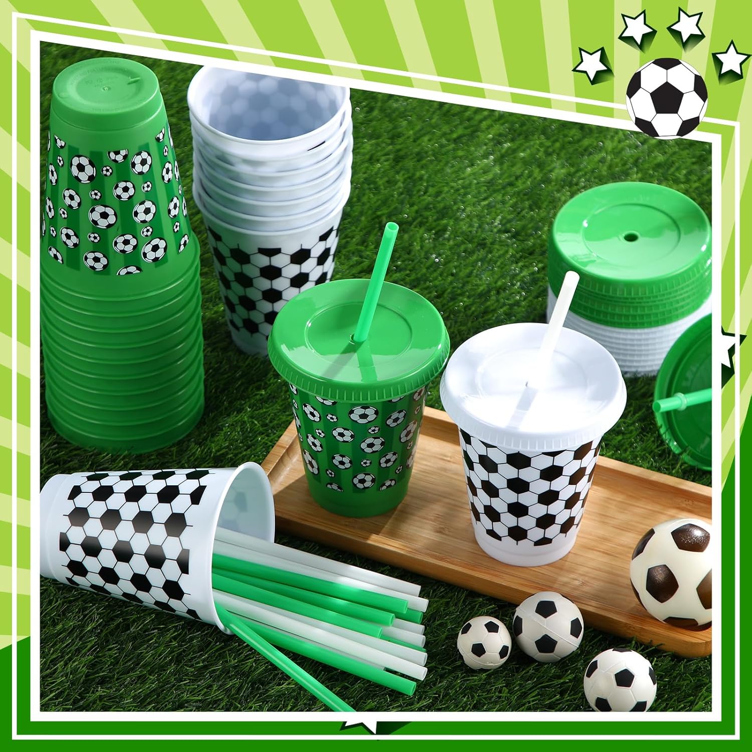 Sieral 30 Pcs Soccer Cups with Straws and Lids 16 oz Football Cups White Green Plastic Tumblers Reusable Iced Coffee Travel Mug for Sport Theme Party Supplies Decorations