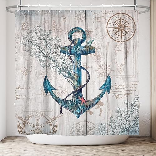 Miniatura 2 de Cortina de ducha con ancla náutica para baño, playa, costera, cortina de ducha rústica con tema de navegación, cortina de baño con gancho, 72 x 72