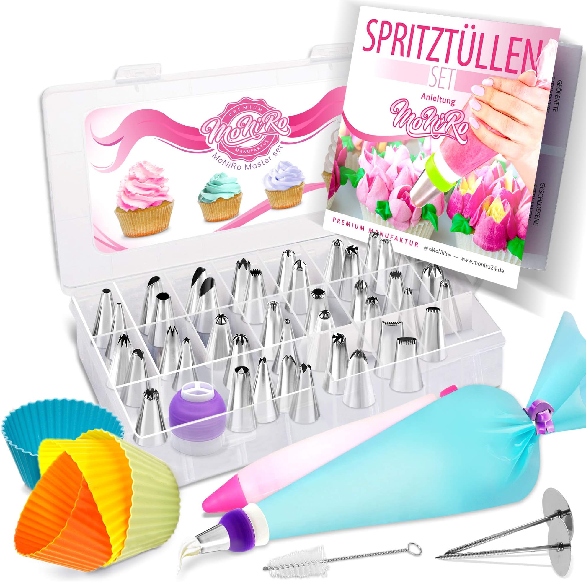 MoNiRo 71-Piece Piping Nozzle Set with 48 Stainless Steel nozzles & Silicone Piping Bag - Professional Baking Accessories with Cupcake Cases & Disposable Piping Bags - Decoration Syringe for Cakes