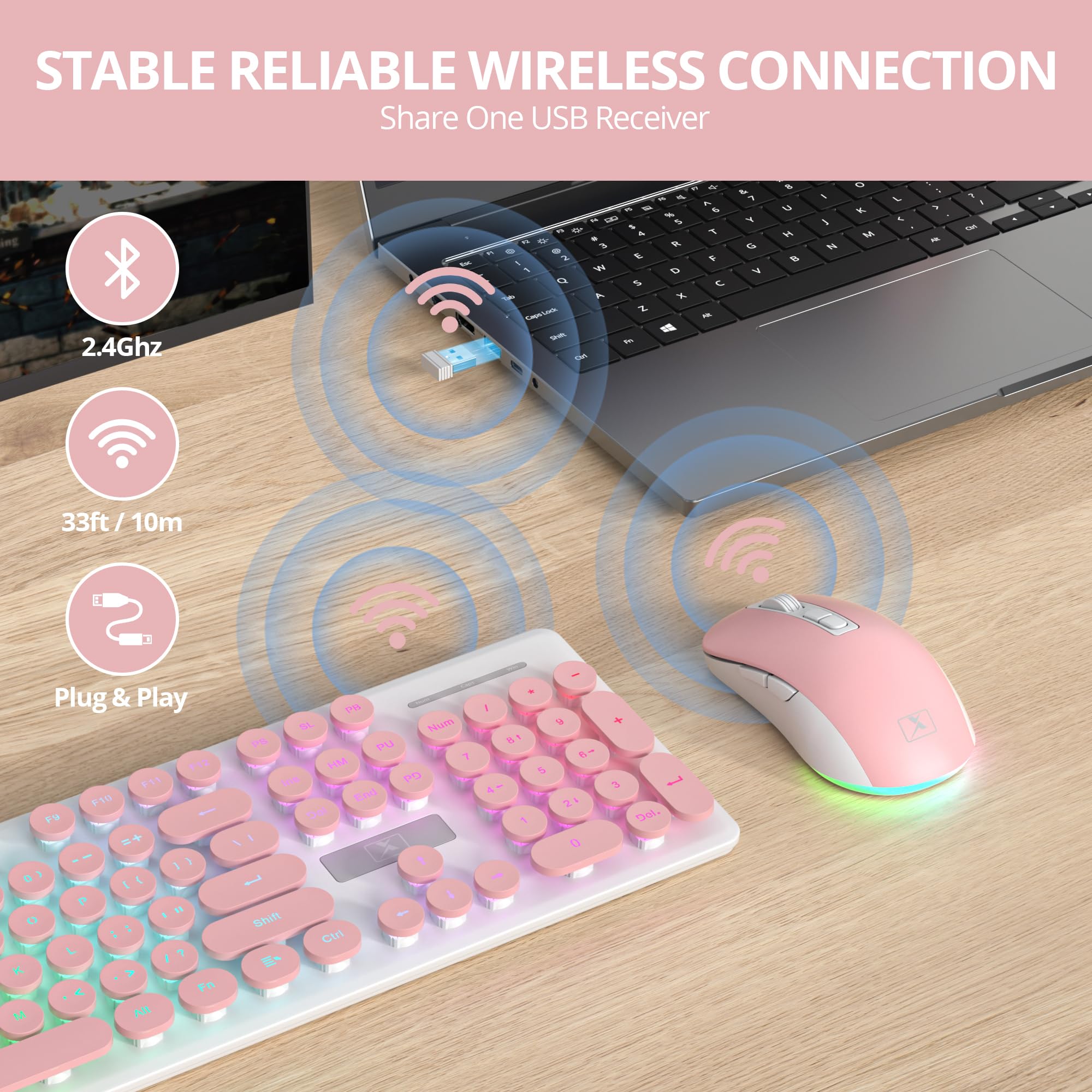 SOLIDEE Ensemble Clavier et Souris sans Fil Rétroéclairés, Clavier Type Machine à Écrire Lumineux Rechargeable 2.4GHz, Touches Rondes Rétro Silencieuses sans Fil avec Récepteur USB(Pink)