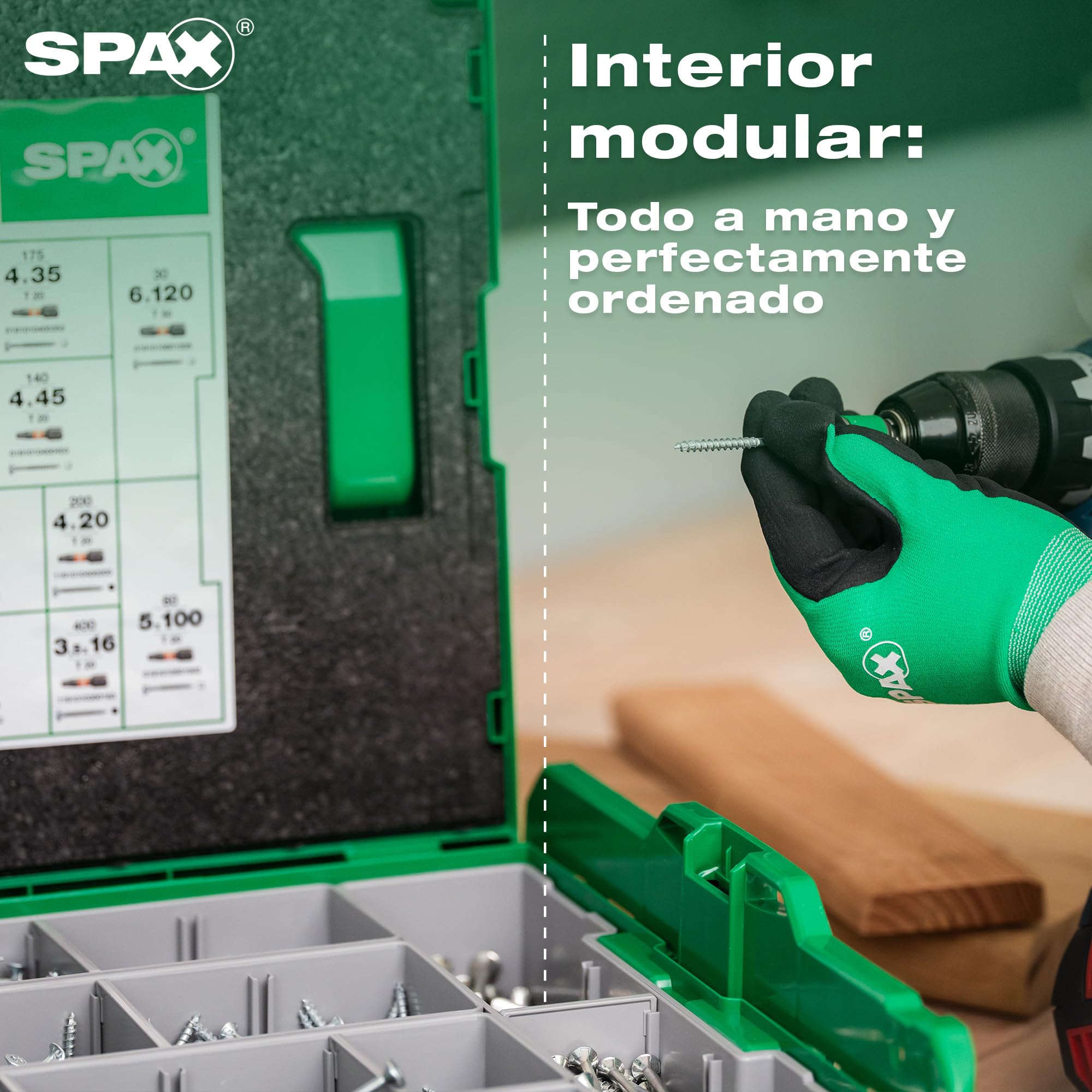 SPAX L-BOXX Maletín con 2.445 Tornillos para Madera, T-STAR plus, WIROX | Juego de 16 medidas en maleta robusta con BITBOX, guantes de trabajo y recubrimiento WIROX para uniones de madera.