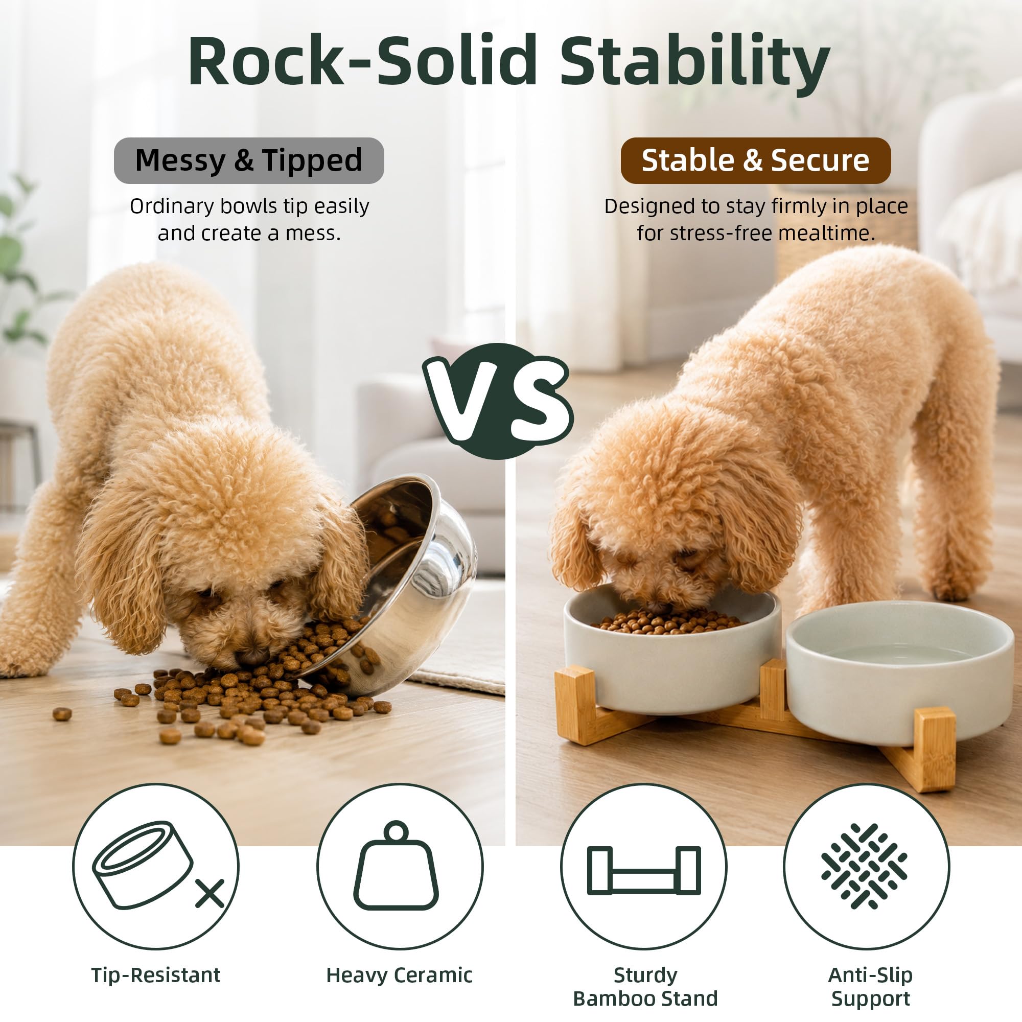 Casfuy Gamelle double antidérapante en céramique pour chien et chat avec support en bambou, 1,7 tasse