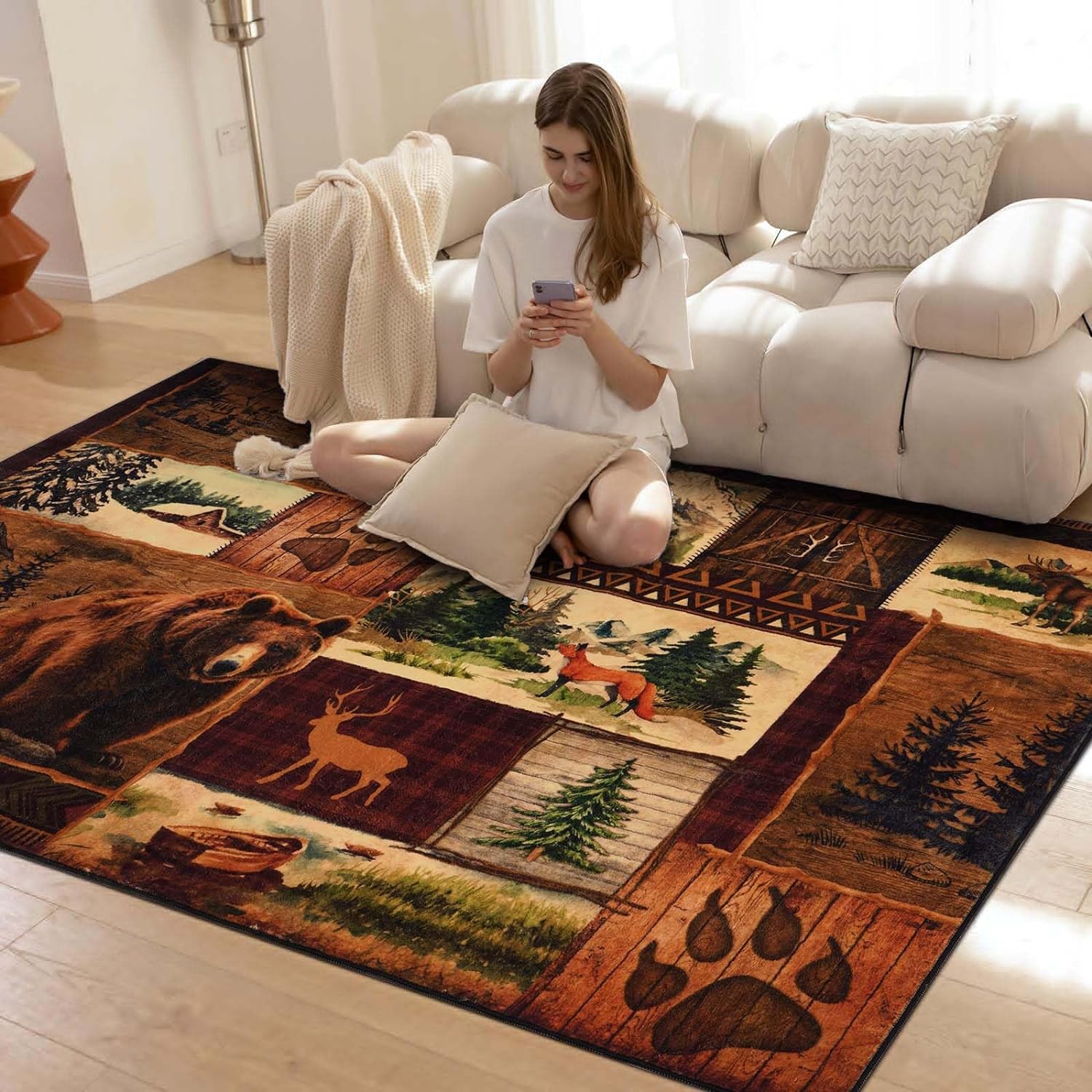 ASPMIZ Rustic Cabin Area Rug 5x7, Lodge Bear Moose Deer Rugs for Living Room, Low Pile Southwestern Washable Rug Non Slip, Soft Buffalo Throw Rugs for Bedroom, Vintage Country Wildlife Home Decor - Image 3