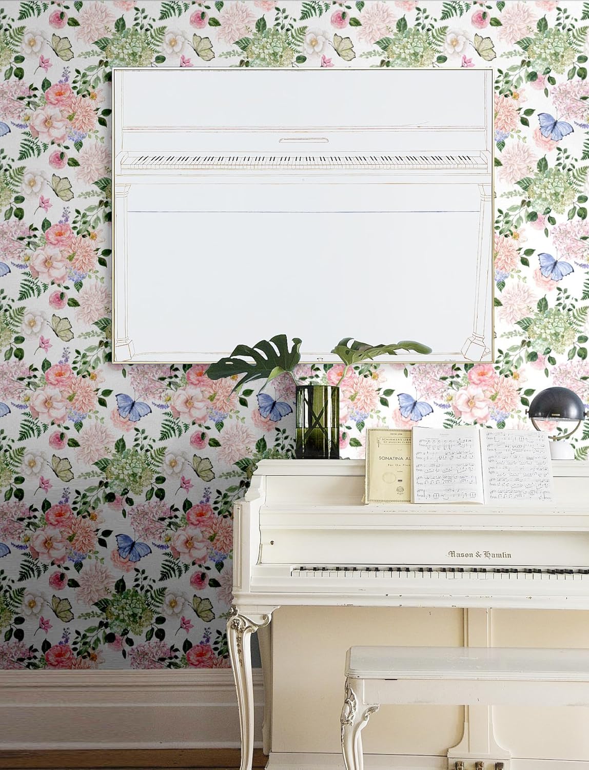 Blooming Wall DPYC52 Watercolor Pink Peony and Hydrangea Butterfly Peel and Stick Wallpaper Self-Adhesive Prepasted Wallpaper Wall Décor