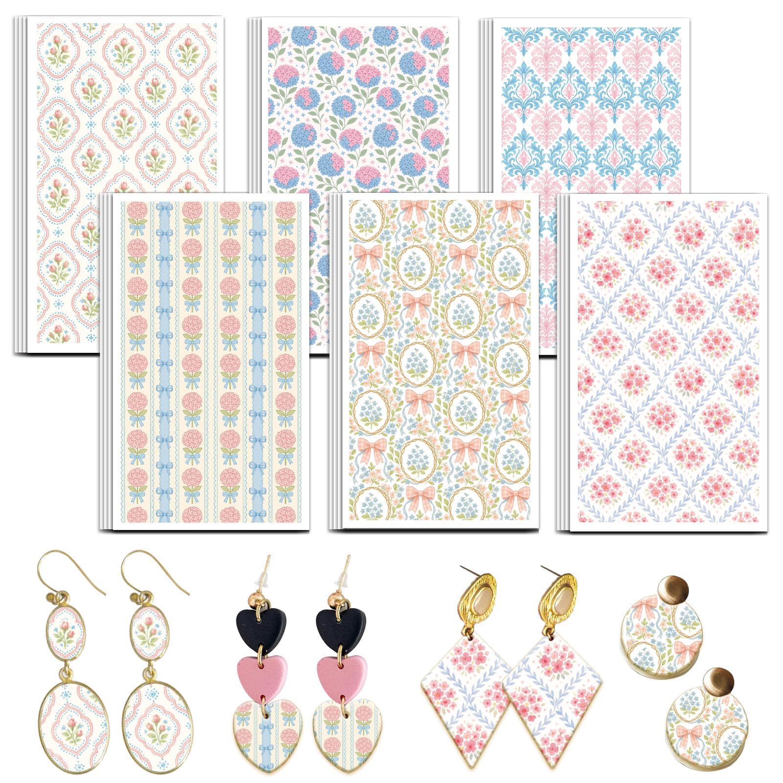 OLYCRAFT 24Pcs Hydrangeas Clay Transfer Paper 6 Design Transfer Paper for Polymer Blue Pink Flower Polymer Clay Transfers Sheets Bowknot Small Transfers Papers for Clays Earrings Jewelry Making