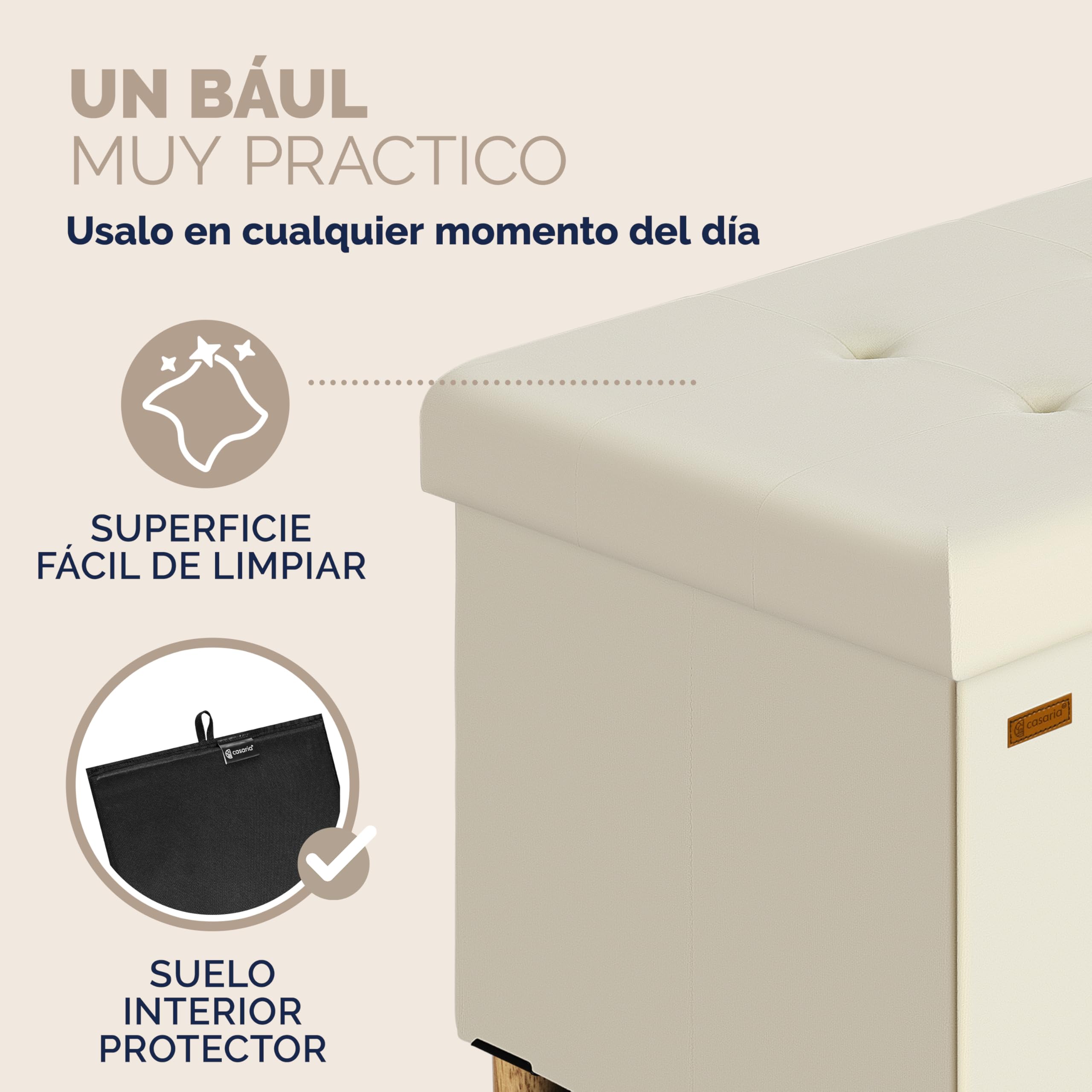 CASARIA® Banco Almacenaje Terciopelo Puff Plegable Capacidad Carga hasta 300kg Resistente 38x76x42cm Patas Madera Reposapies Salon Dormitorio Otomana Beige