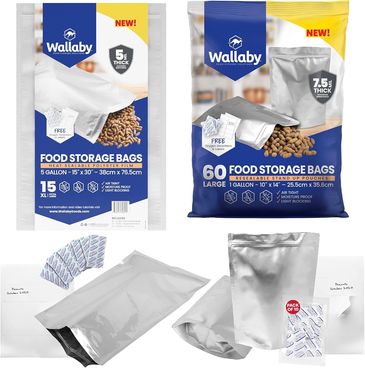 15x Silver 5 Gallon Wallaby Mylar Bag - (5 Mil) + 60 Mylar Bag Bundle - 1 Gallon Stand-Up Zipper Pouches - (7.5 Mil-10’’x14’’), Oxygen Absorbers, Labels - Resealable Zipper, Heat Seal, FDA Grade