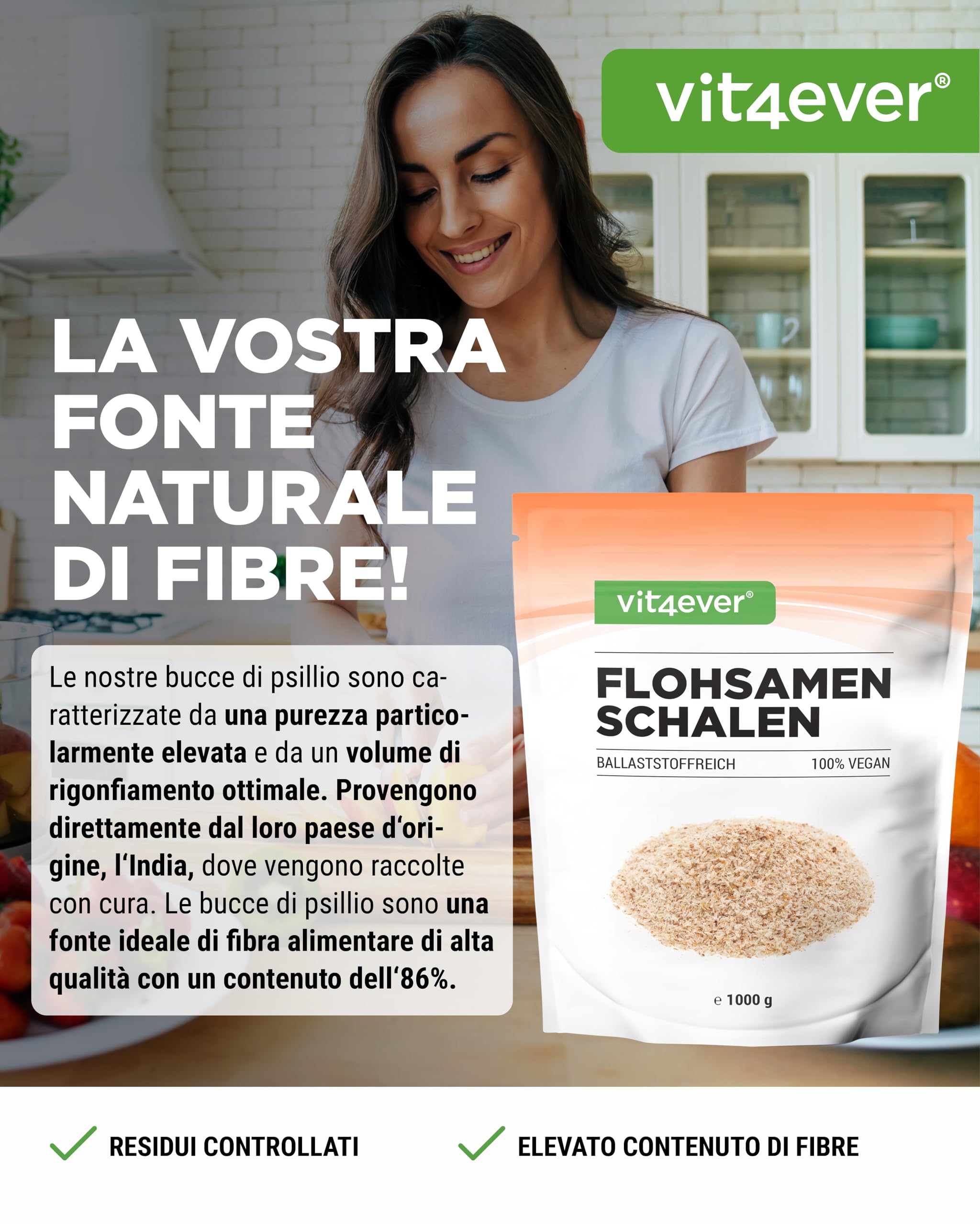 Psyllium husks 1 kg - 1000 g - Residui controllati - Purezza 99% - Origine: India - Low carb - Alta fibra - Senza additivi - Vegan