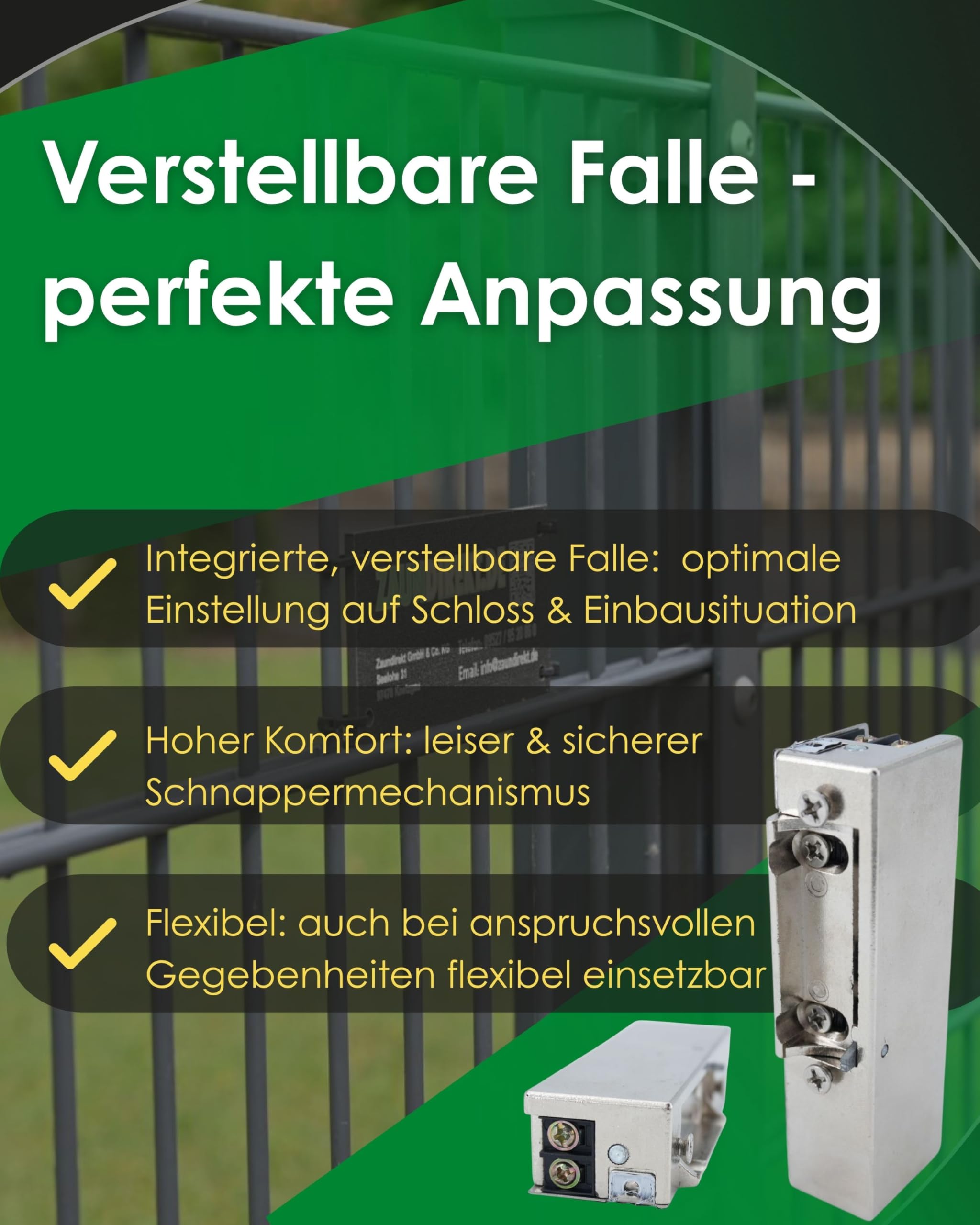 E-Öffner Stahl für Elektroschlösser und Zaunsysteme mit verstellbarer Falle & Schließmechanismus verzinkt