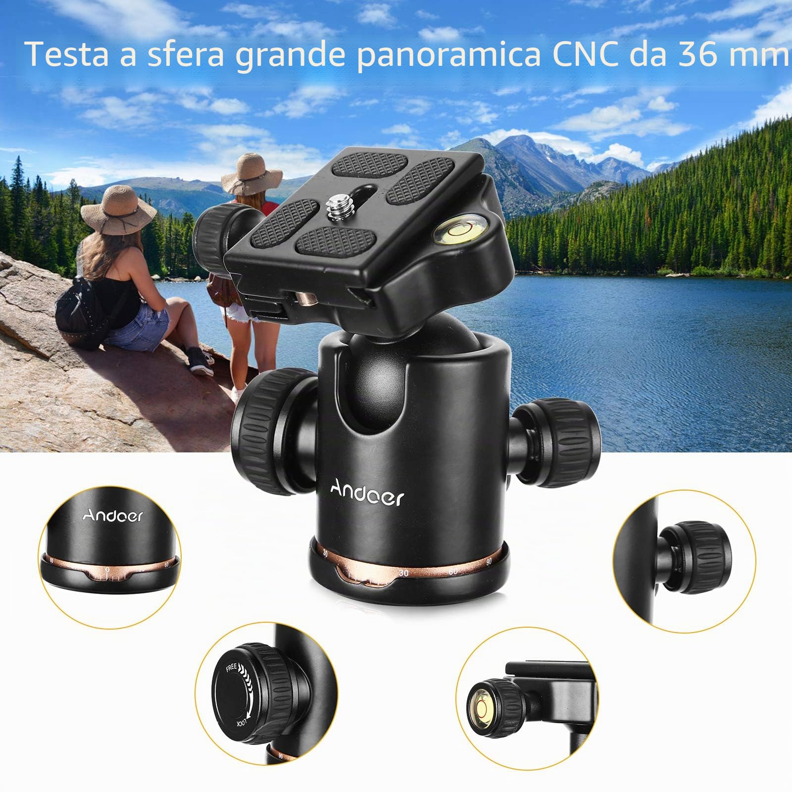 Treppiedi Fotocamera 200cm, Andoer Treppiede Fotocamera Monopiede Fotografico Leggero da Viaggio Colonna Girevole 360° e Testa a Sfera per Riprese Macro e Panoramiche Compatibile Camera