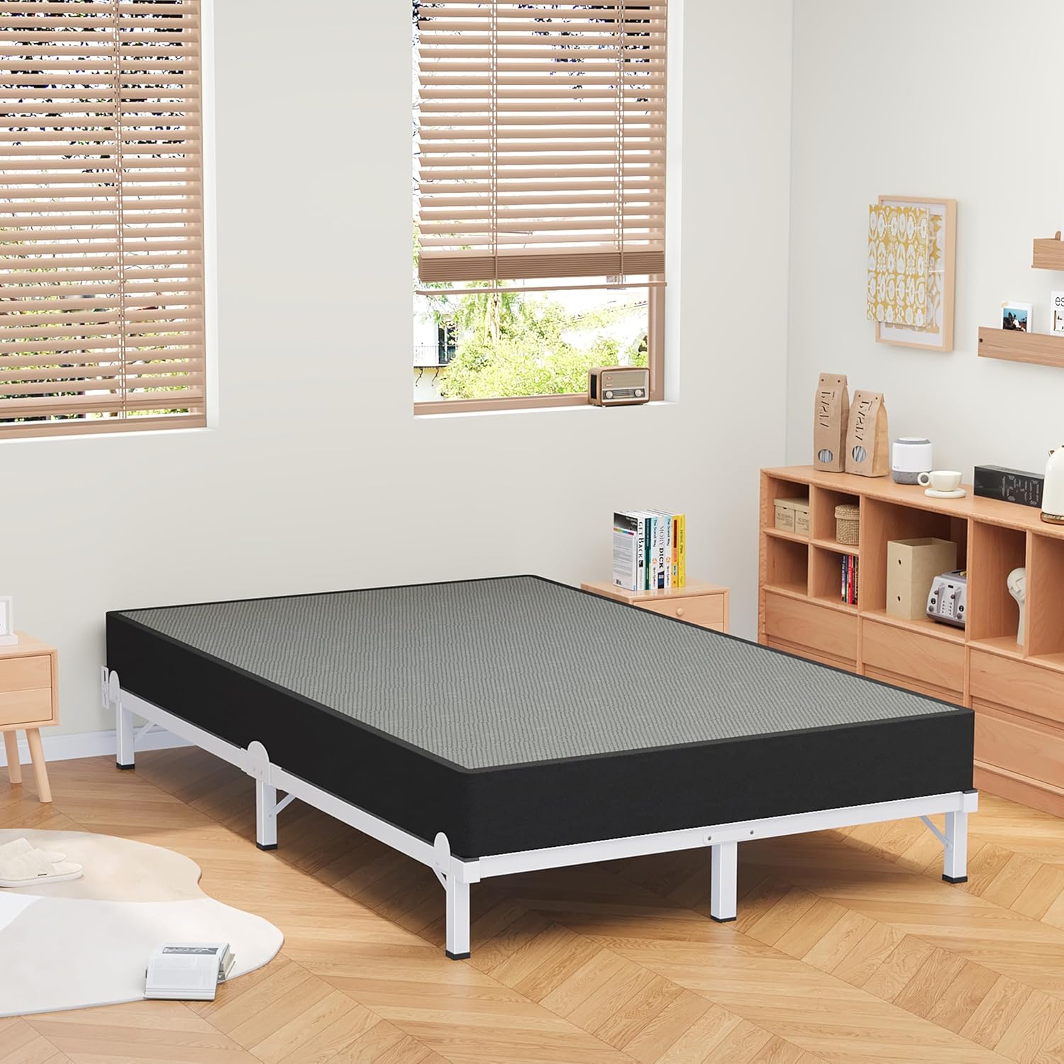 MAF Metal Bed Frame Cal King, 9-Legs Support Bed Base, 8 Inches California King Bed Frame for Box Spring and Mattress, Basics Bed Frame Headboard Attachable Tool-Free Easy Assembly, White
