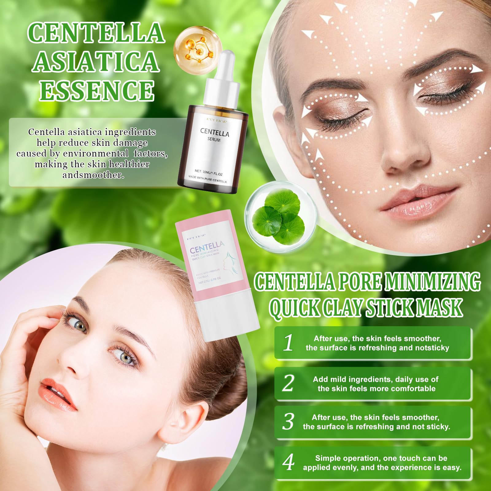 4 Piezas Centella Kit, Centella Cleansing Oil + Centella Limpiador Facial | Asiatica Serum + Centella Stick Mask, Skincare Kit, Suave y Ligero, Apto para Pieles Sensibles