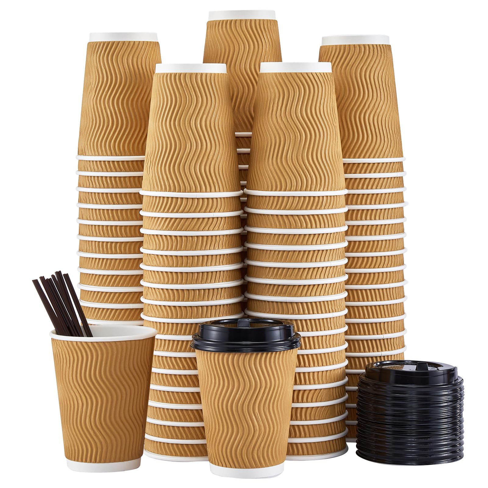 SIUQ 90 Pack - 12 oz Disposable Coffee Cups with Lids and Straws,To go Coffee Cups,Insulated Corrugated Paper Cups,Kraft Ripple Wall Cups for Hot Beverage or Cold Drinks -Champagne