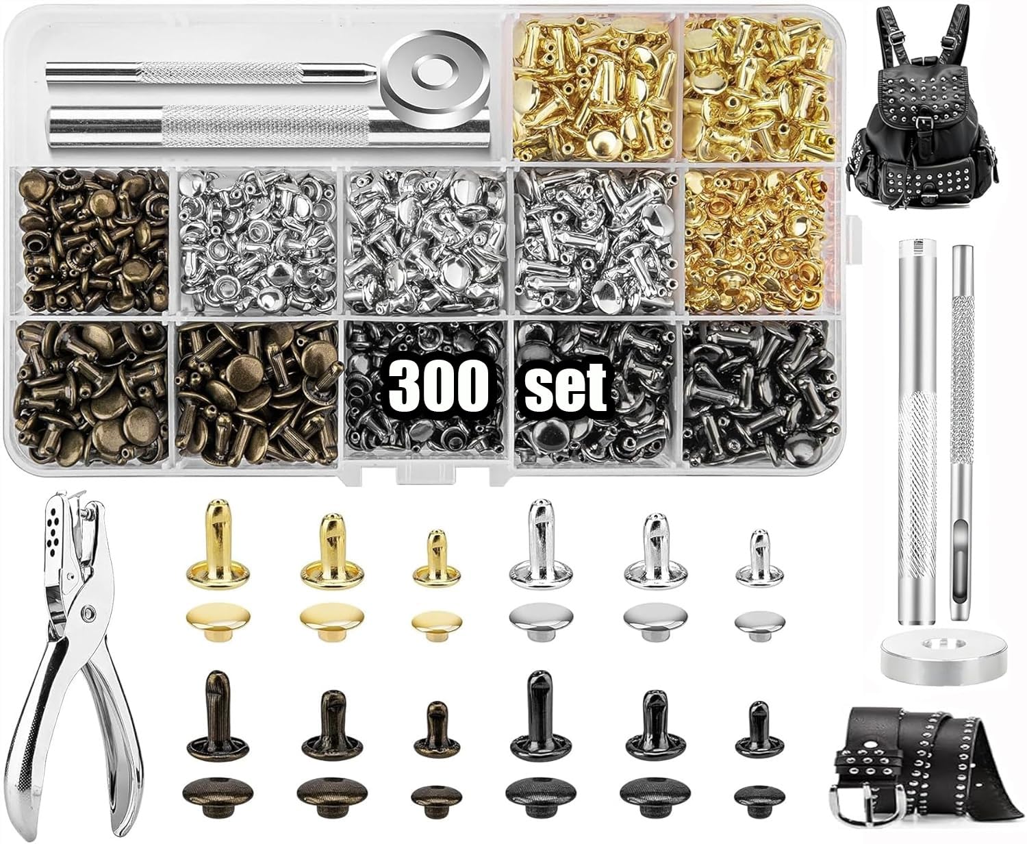 180 set dubbele kap holle klinknagels voor leer, lederen klinknagels metalen reparatieset, riem klinknagels, klinknageltang set kleding, klinknagels 12 mm 8 mm 6 mm, klinknageltang set leer, holle
