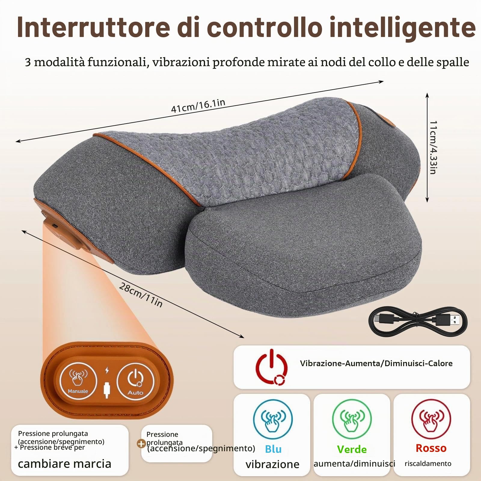 Massaggiatore Cervicale con Riscaldamento, 3-in-1 Massaggiatore Posteriore e Cervicale con Vibrazione e Trazione, Massaggiatore Spalle Per Alleviare Il Dolore Dei Tessuti Profondi, Grigio