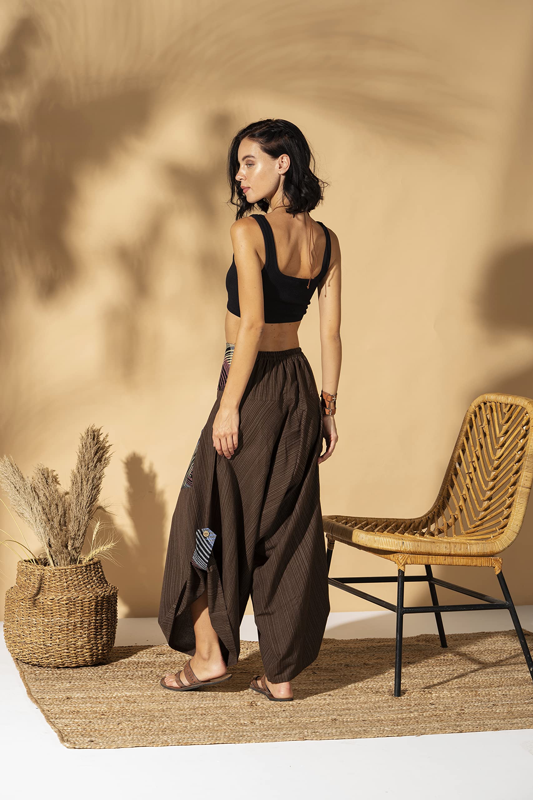 The Veshti Company Pantalones Harem de Yoga para Mujer Palazzo Premium, Marrón, Talla Única