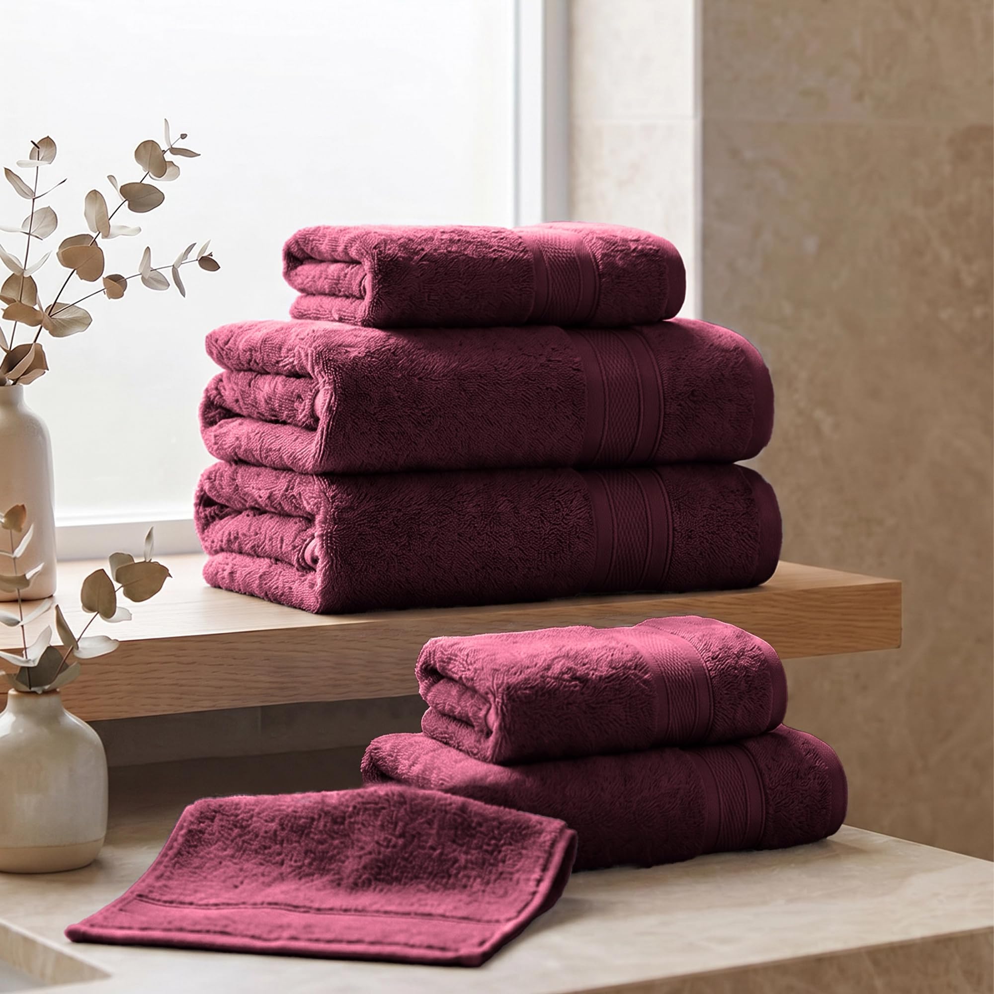 TRIDENT Soft Comfort Air Rich Towels for Bath, 100% Cotton Towel, Super Soft, Highly Absorbent, 6 Pieces Towel Set, 500 GSM - Red Wine