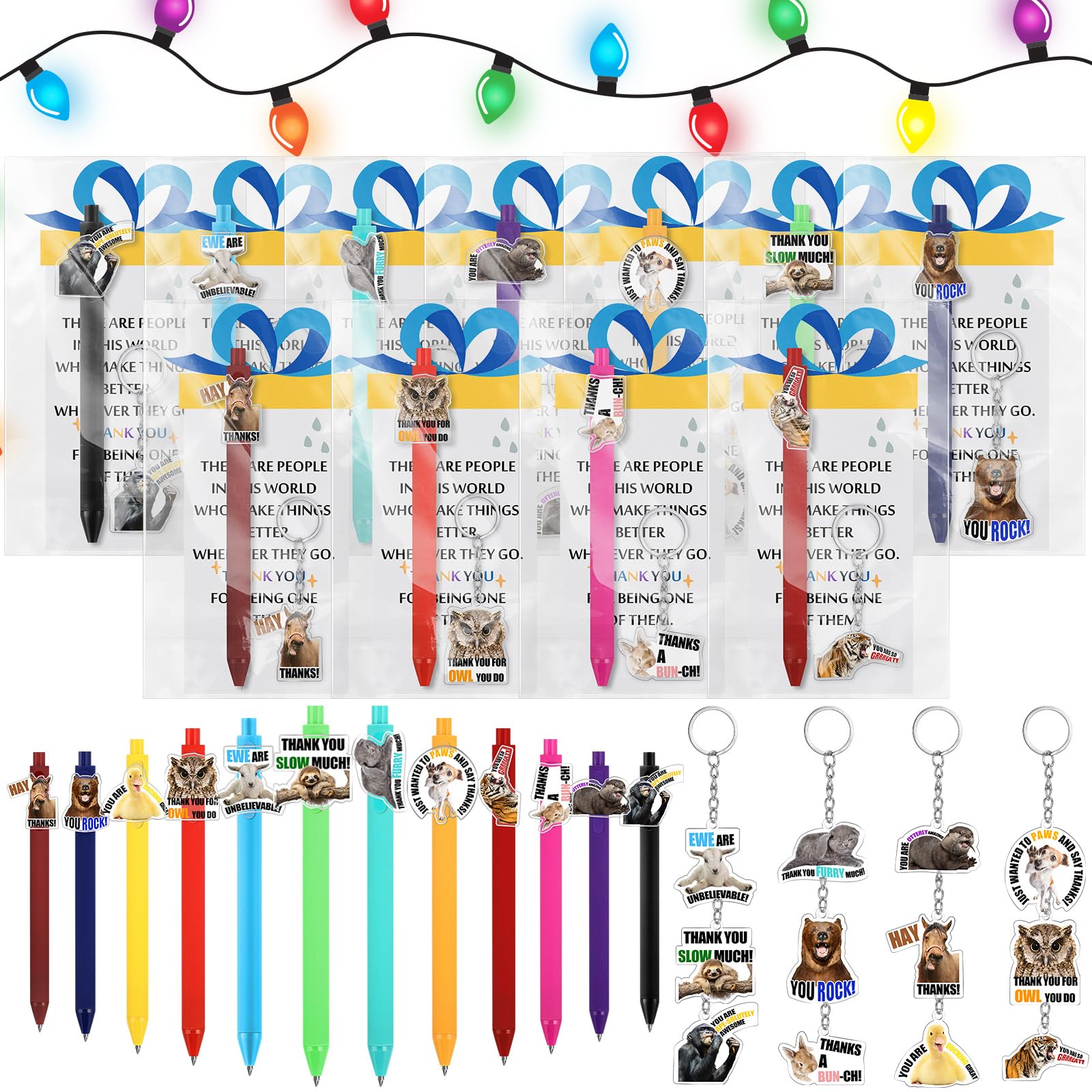 Sayglossy 12 Sets Employee Appreciation Gifts Bulk Funny Puns Animal Ballpoint Pens Acrylic Keychains Card Thank You Gift for Social Work Month
