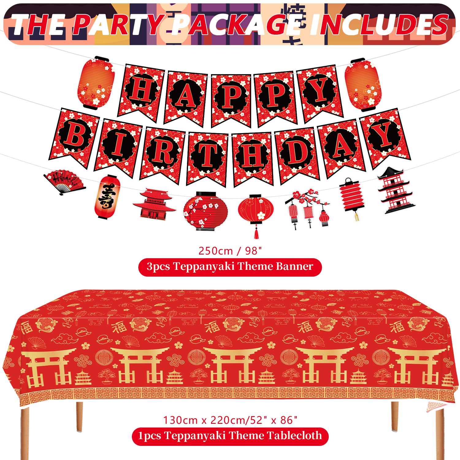 Decorazioni per feste Hibachi, forniture per feste di compleanno giapponesi Hibachi includono striscione di buon compleanno, decorazioni per torte, centrotavola a nido d'ape, tovaglia e palloncini per