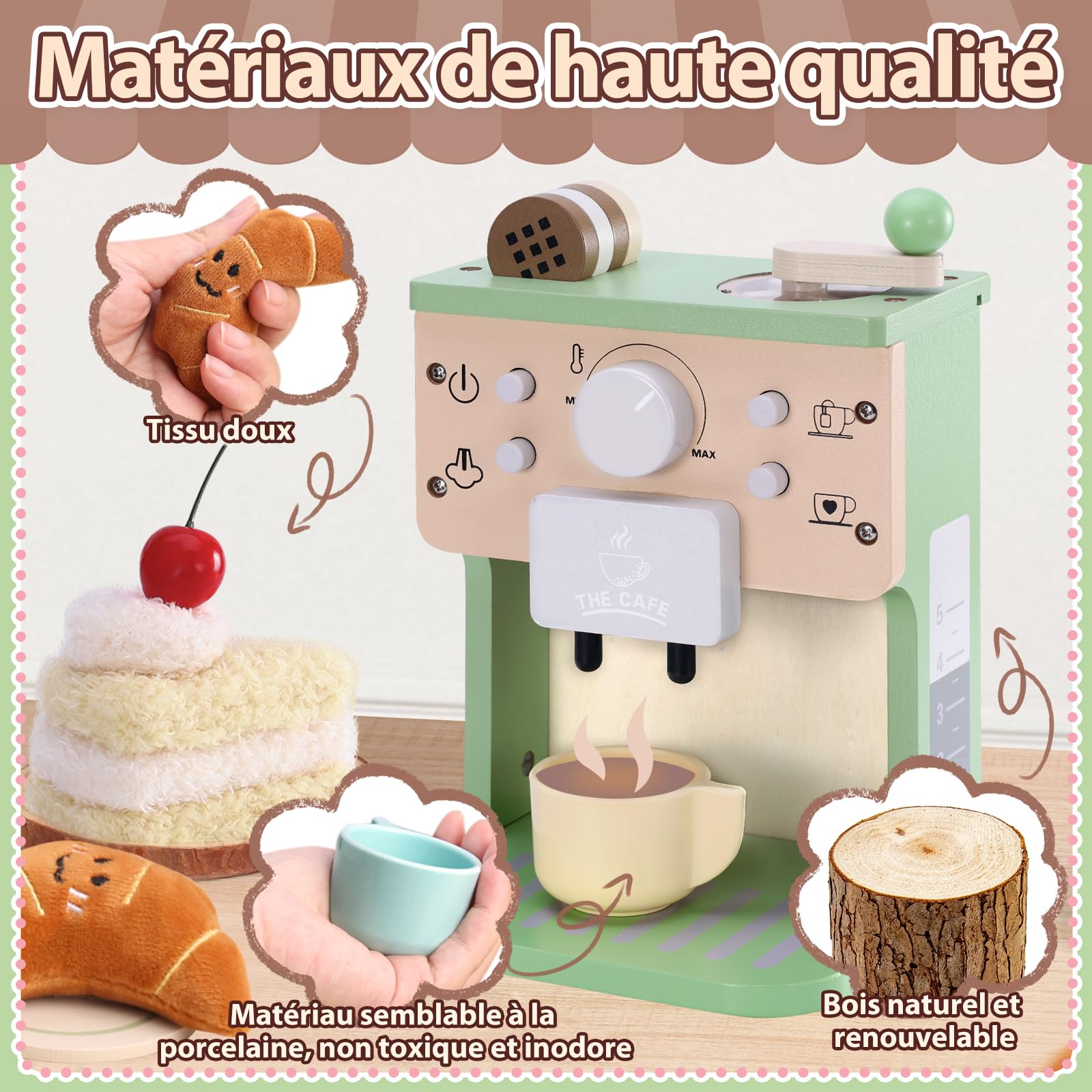 VBACALA Cafetière en Bois pour Enfants avec Son et Boutons,Cuisine en Bois pour Enfants avec Tissu Gâteau et Croissant,Jouets Educatifs Jeux de Rôle Montessori,Jeux de Cuisine,Cadeaux pour Garçons et