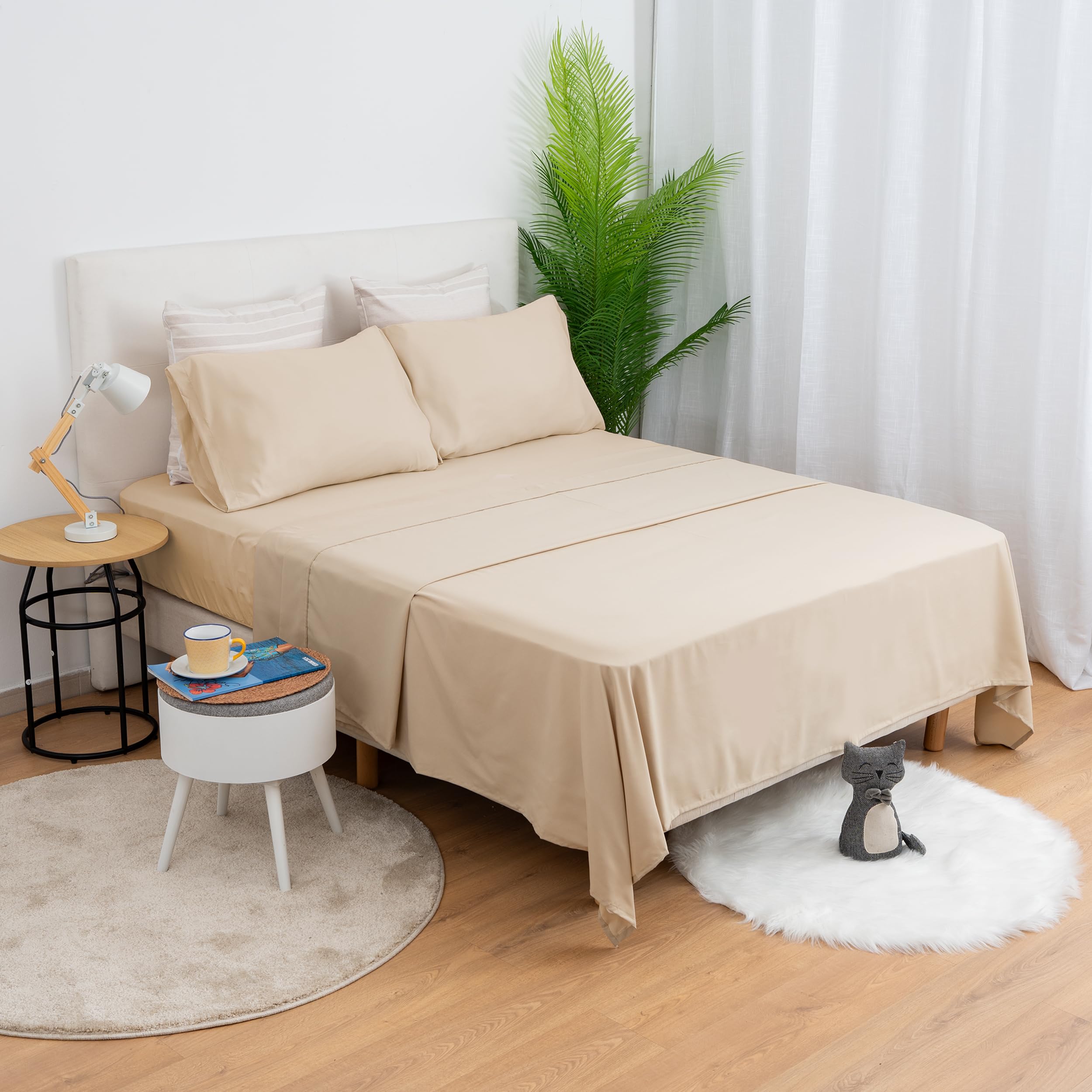 H HANSEL HOME Juego de Sábanas de Microfibra 4 Piezas para Cama 180cm Transpirable - Incluye 1 Encimera, 1 Bajera Ajustable y 2 Fundas de Almohada - Beige
