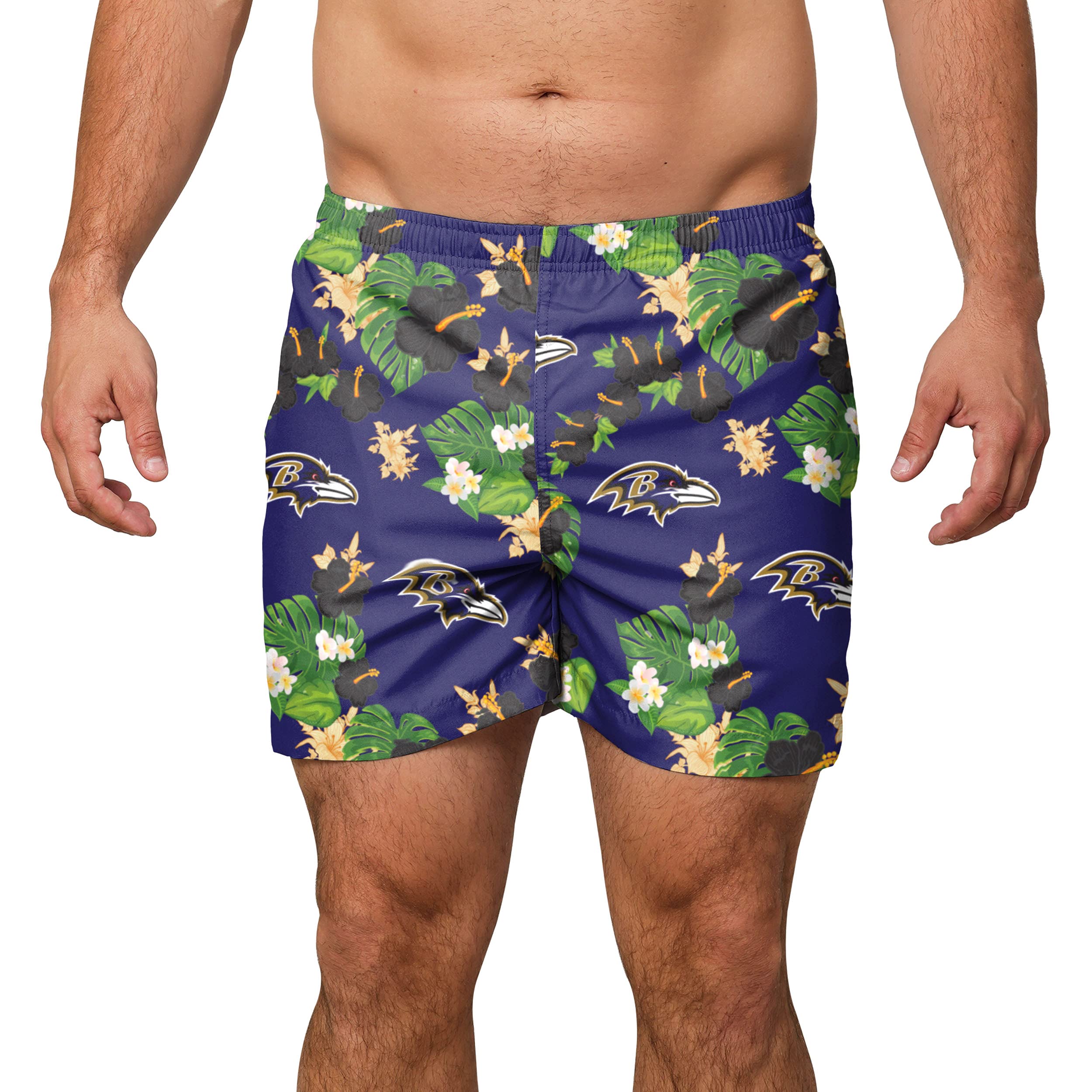 FOCO NFL Mens NFL Team Logo Floral Hawaiian Swim Suit Trunks