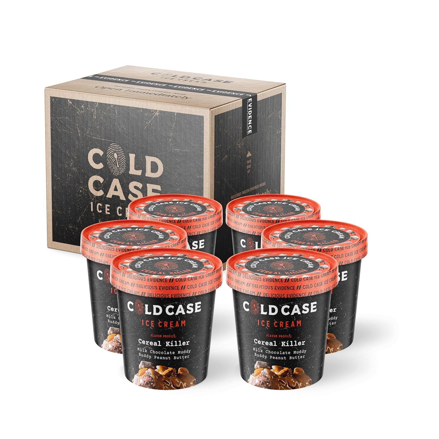 Cold Case Ice Cream Cereal Killer Flavor - Gourmet Milk Chocolate Ice Cream with Muddy Buddies & Peanut Butter Swirls - 1 Case, 6 Pints,16 oz/Pint (Frozen)