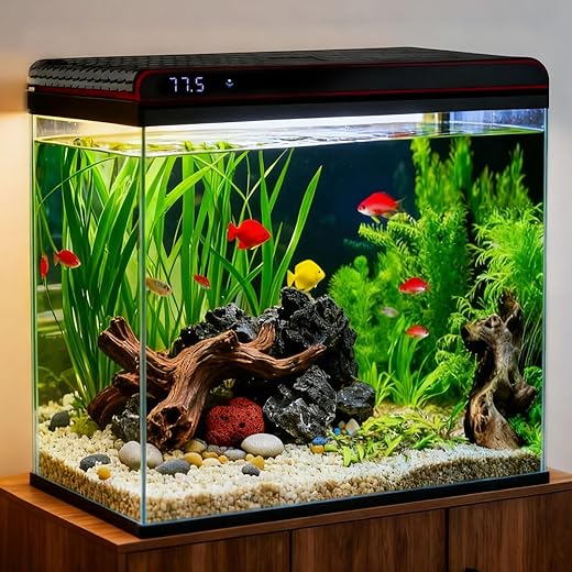 Coospider 20 Gallon Glass Fish Tank, Aquarium Starter Kit, Simple Self-Cleaning Aquarium with 3-Color LED Lights, with Quiet Filter Pump, with Temperature Monitoring for Fish, Shrimp, Kids Gift Ideas