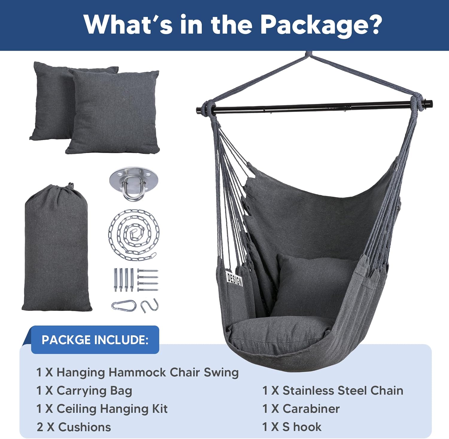 SUNCREAT Hammock Chair Swing with Steel Support Bar, Side Pocket, Large Hanging Chair Outdoor, Max 450lbs Capacity, Dark Gray