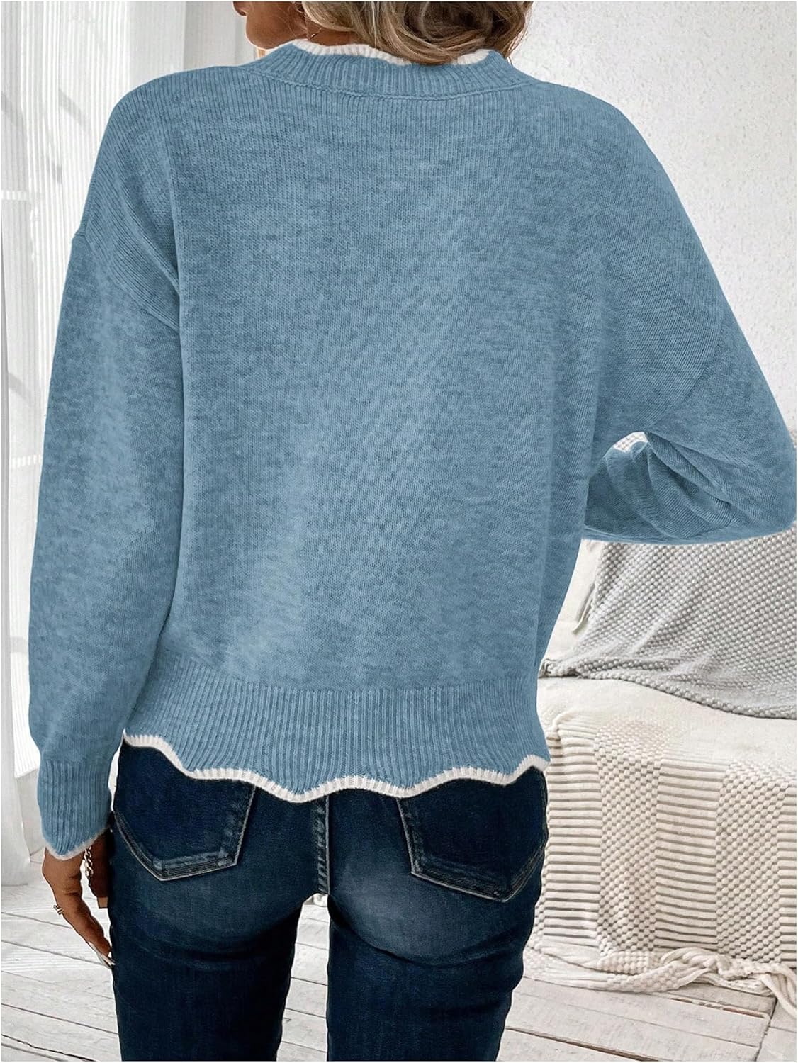 SOLY HUX Women's V Neck Sweater Long Sleeve Drop Shoulder Scallop Knit Pullover Jumper Tops - Image 2