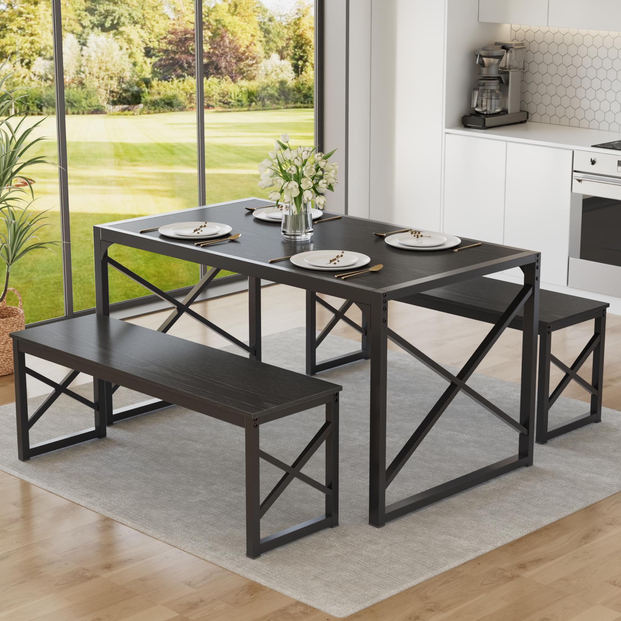 VECELO 55” Kitchen Dining Table Set for 4, Heavy-Duty Steel Frame &amp; Wood-Grain Tabletop, Space-Saving Dinette Sets with 2 Benches for Breakfast Nook and Small Space, Black