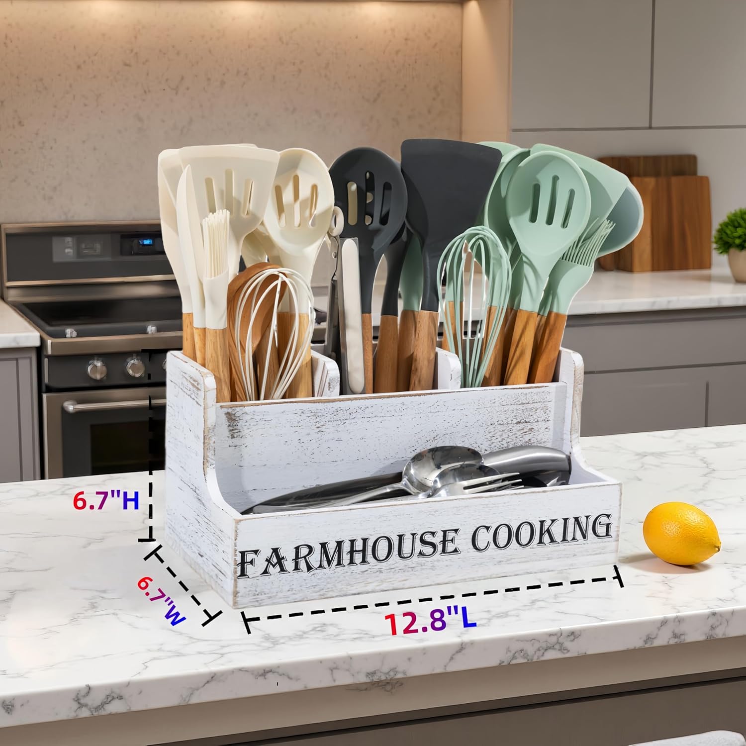 LIBODOUR Kitchen Utensil Holder, Utensil Holder For Kitchen Counter,Extra Large Cooking Spatula Organizer,Farmhouse Wooden Big Storage Rustic Flatware Spoon Tool Organizer