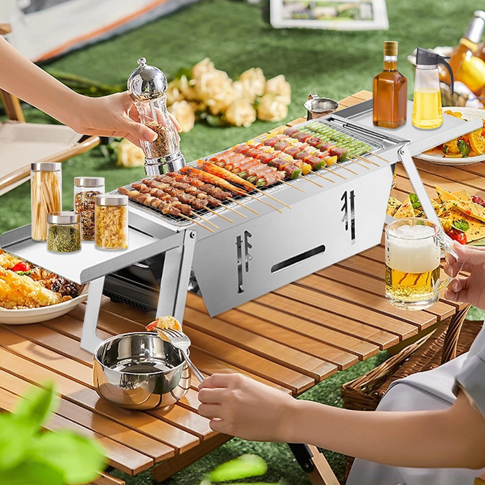 Przenośny Grill Węglowy Grill Kempingowy na Węgiel | Stalowa Ruszta Przenośna Oszczędzająca Miejsce na Kemping Piknik Plażę Kampery Ogród