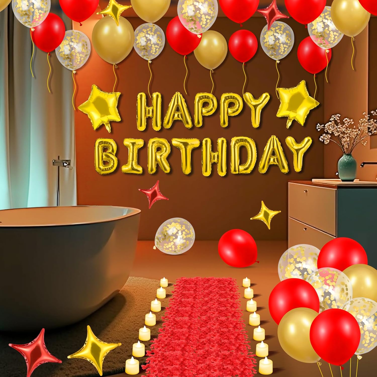 Gold Happy Birthday Balloons Decorations Red and Gold Birthday Balloon Letters Banner with 6 Pcs Star Balloons Red Artificial Rose Petals 24 Flameless LED Candles for Room Golden Bday Party Supplies