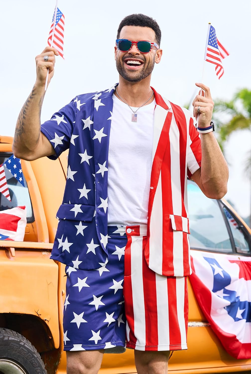 Arvilhill 2 Piece Set American Flag Suit 4th of July Patriotic Blazer with Shorts Outfit (M-XXL)