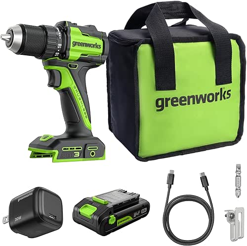 GREENWORKS 24V 1/2" Brushless Cordless Drill (400 In-lbs.), 2.0Ah (12,000mAh