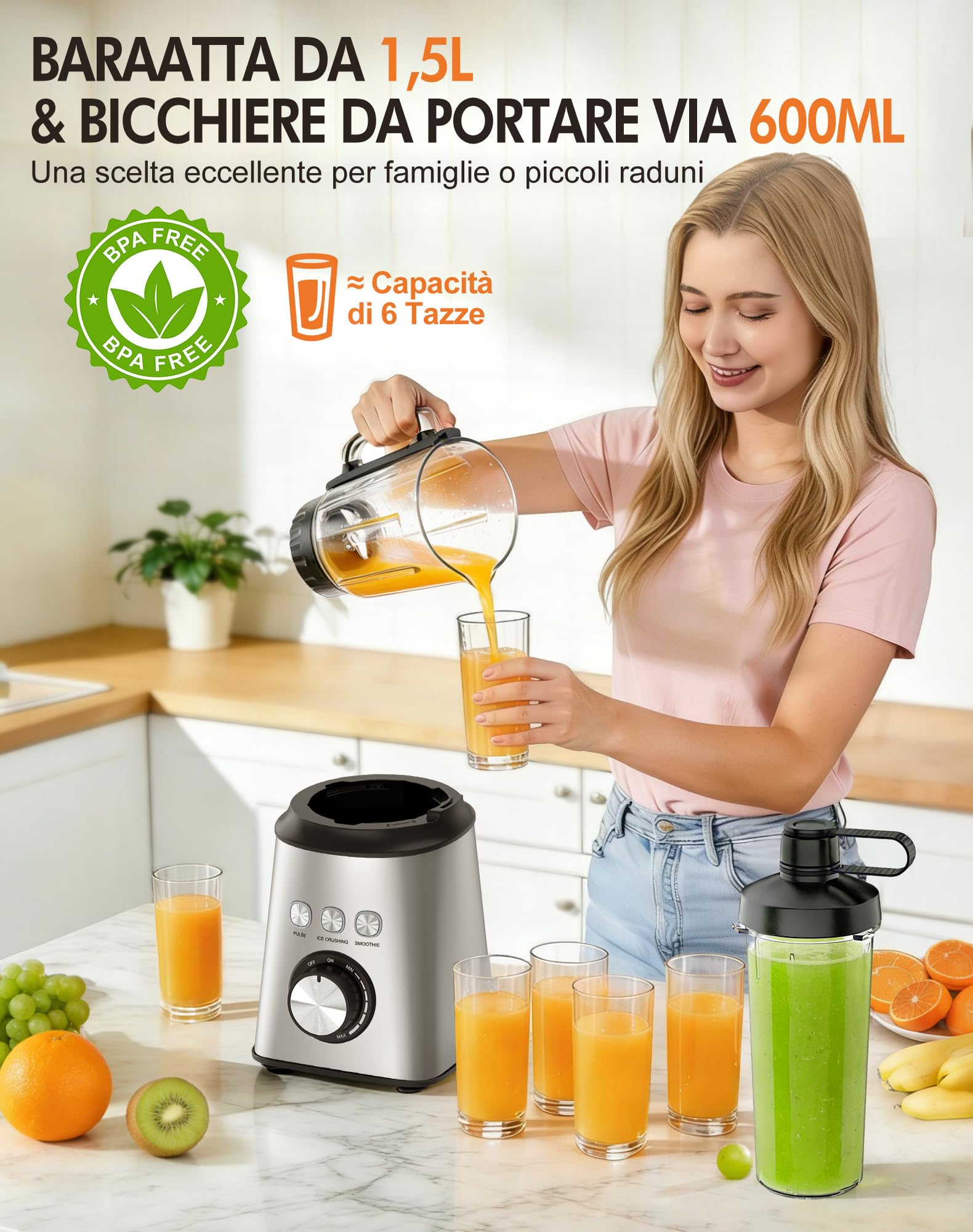 Frullatore Elettrico 1000W, Mixer Cucina con Bicchiere Vetro 1.5L + 600ml Bottiglie, Velocità Infinita, 24000 RPM, per Frullati, Succhi, Smoothie, Tritaghiaccio, Inossidabile (Argento)